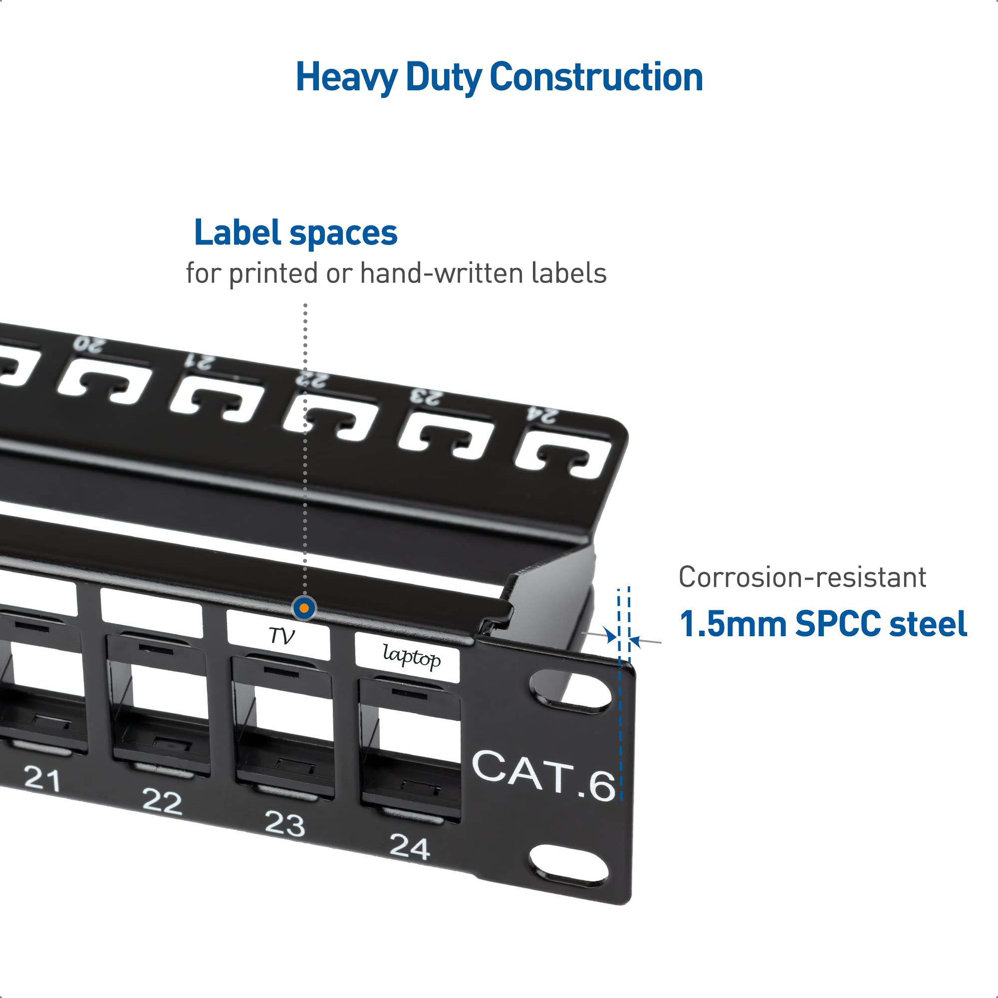Cable Matters Rackmount or Wall Mount 1U 24 Port Keystone Patch Panel with Cable Management and Support Bar (19 inch Blank Patch Panel for Keystone Jacks/Keystone Panel)