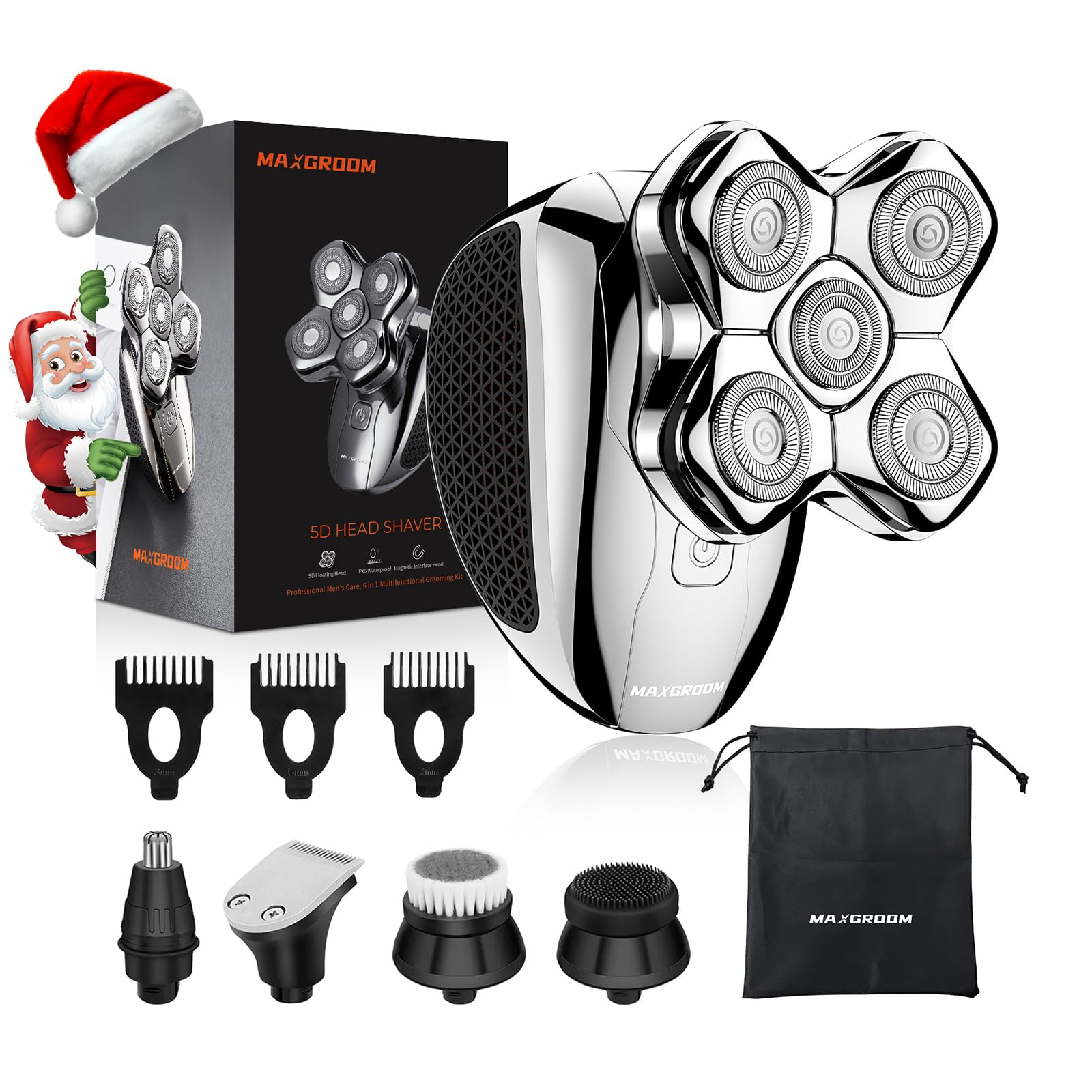 Head Shavers For Bald Men, Maxgroom 5 In 1 Waterproof Head Razor For Men With Led Display, Travel Pouch, Usb Rechargeable & Magn