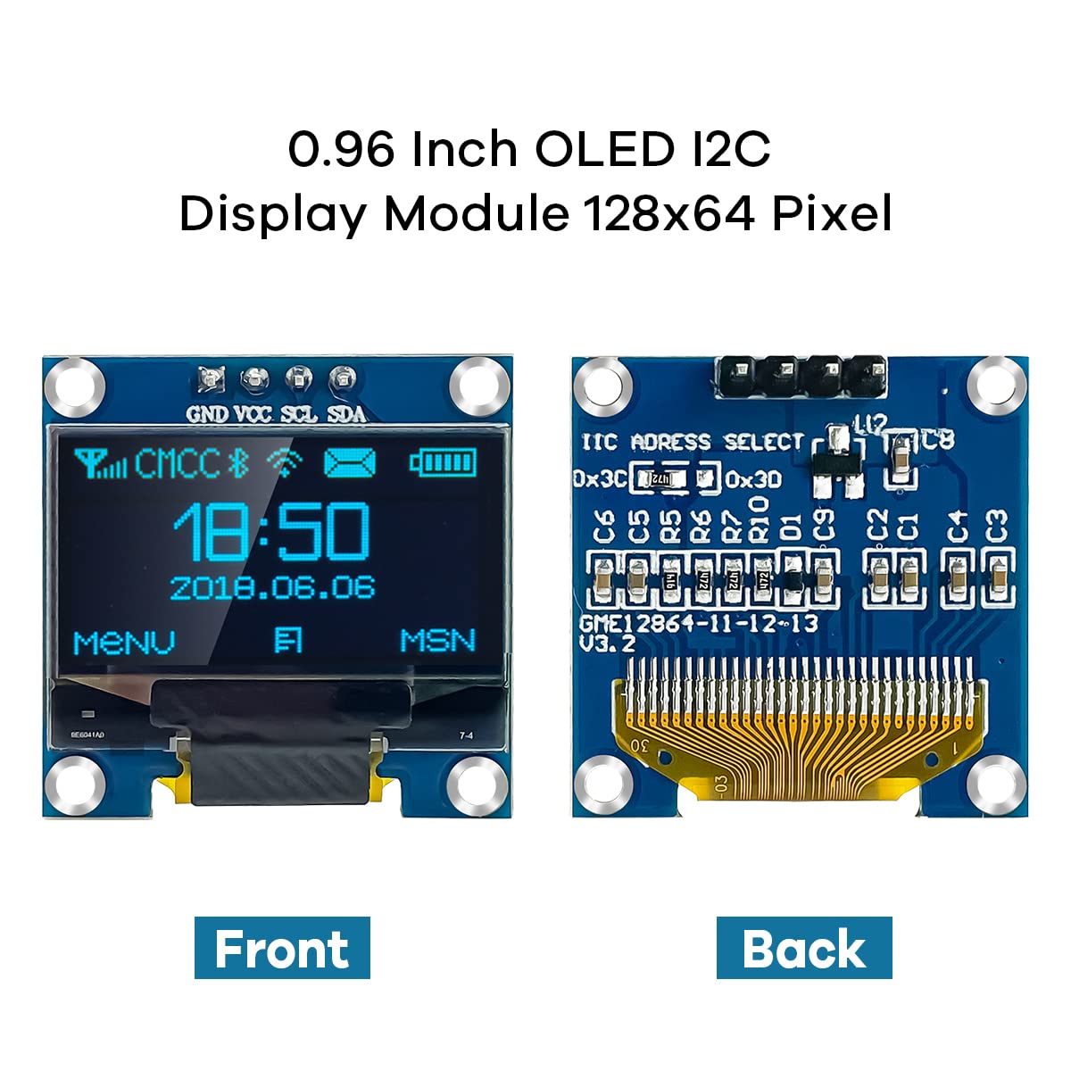 Hosyond 5 Pcs 0.96 Inch Oled I2C Iic Display Module 12864 128X64 Pixel Ssd1306 Mini Self Luminous Oled Screen Board Compatible W
