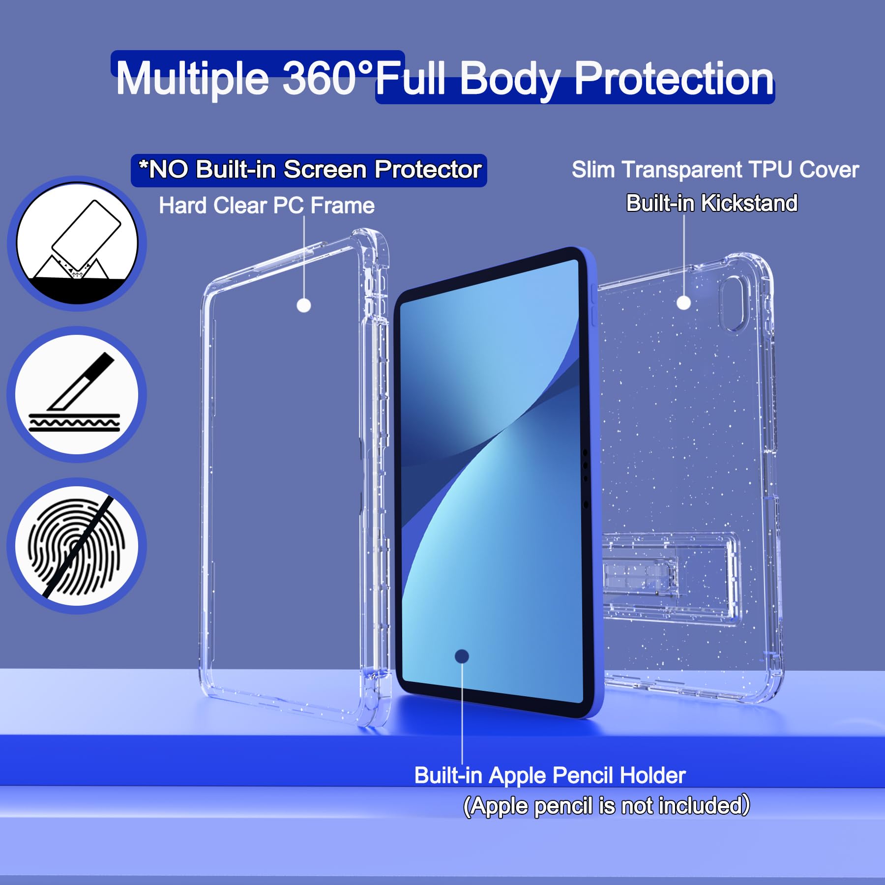 Rantice Ipad 10Th Generation Case, Pencil Holder & Kickstand   Slim, Glittery And Shockproof Bumper For Women And Girls, Clear G