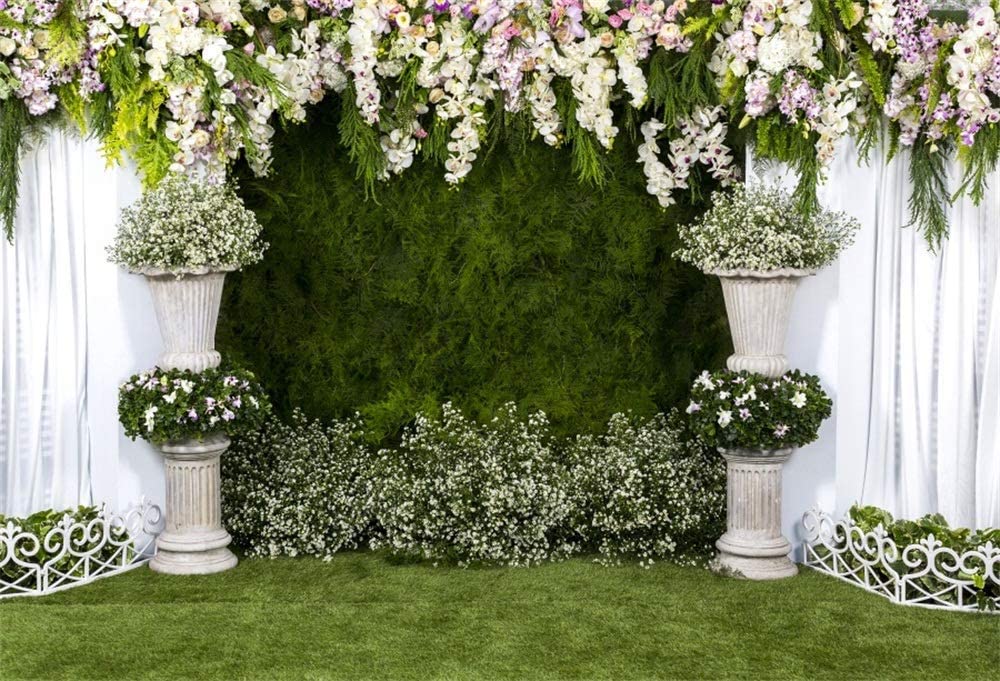 Laeacco Arch Wedding Flowers Backdrop 10X8Ft Vinyl Photography Background Stone Planter Flowers White Curtain Green Ivy Wall Decoration Outdoos Ceremony Green Grassfield Backdrop