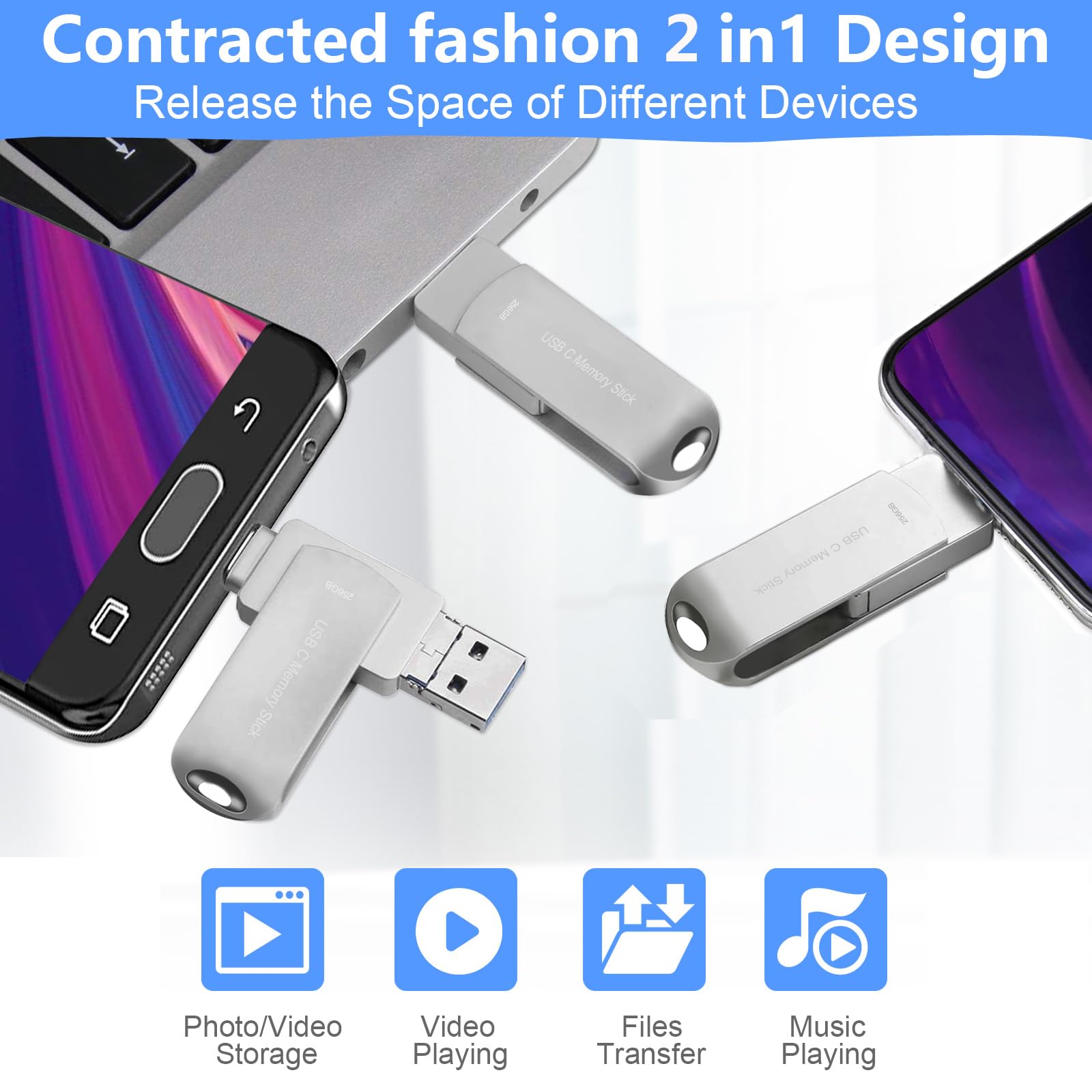 Usb C Thumb Drive 256Gb For Phone, Hupins 170Mb/S High Speed Usb Flash Drive Photo Storage, Multi Port Memory Stick Compatible A