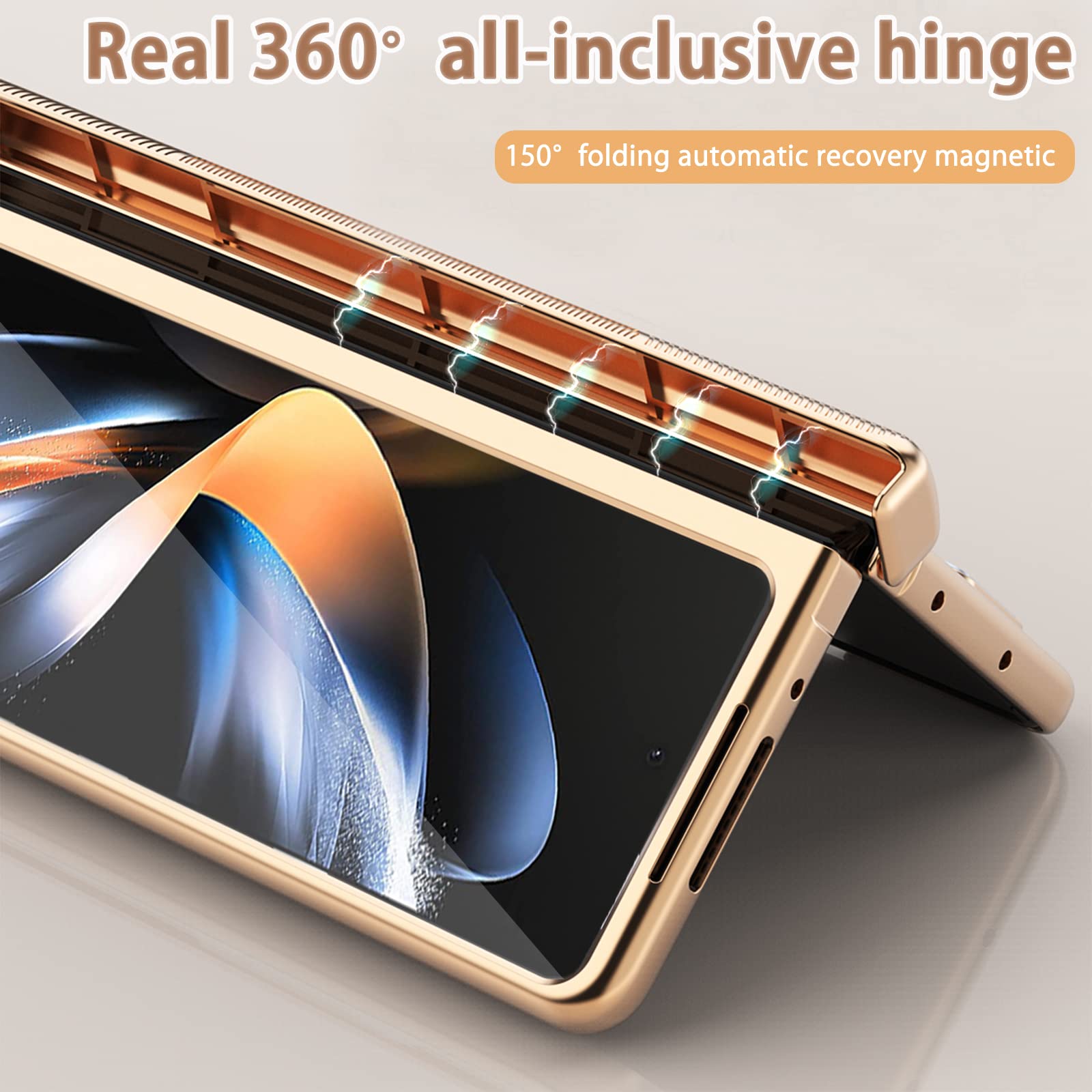 Ninki 4 In 1 Magnetic S Pen Case For Galaxy Z Fold 4 5G With Hinge Protection   Gold