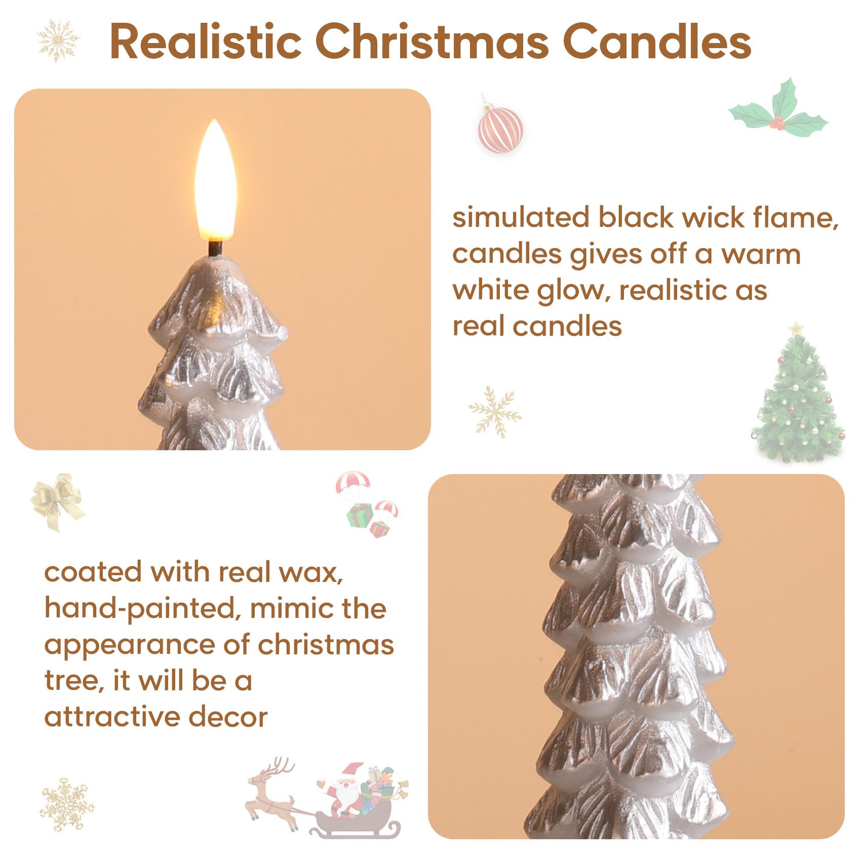 Eywamage Silver Christmas Tree Candles With Remote, Real Wax Flickering Flameless Led Taper Candles Set Of 4