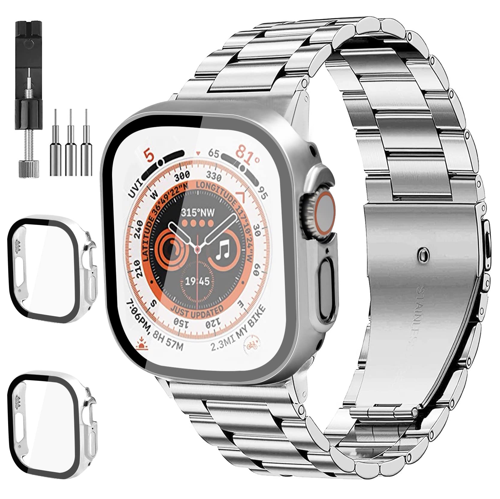 Bekomo 3 Pack Stainless Steel Apple Watch Band With 2 Pack Tempered Glass Screen Protectors, 49Mm, 44Mm, 45Mm, 42Mm, 40Mm, 38Mm,