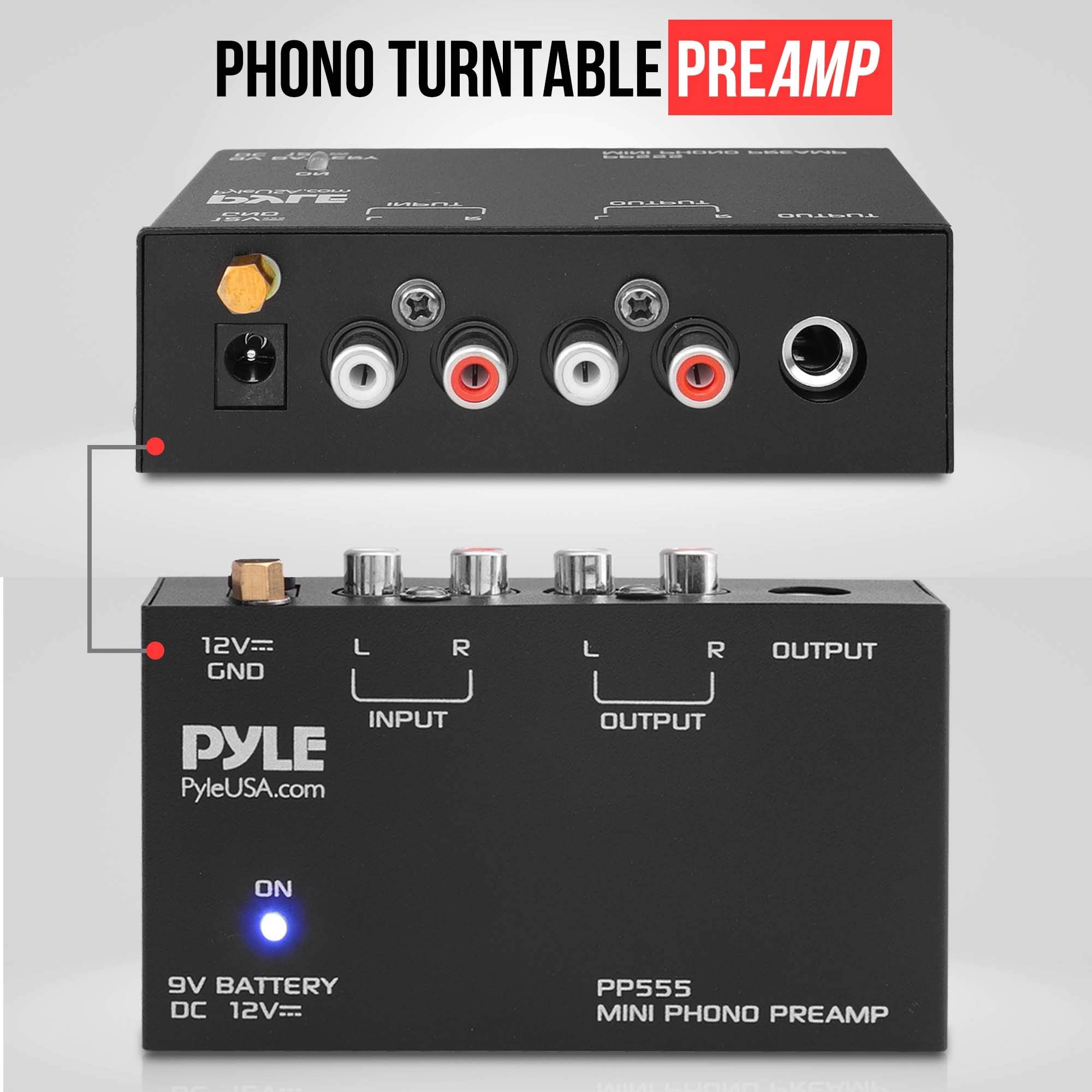 Pyle Phono Turntable Preamp - Mini Electronic Audio Stereo Phonograph Preamplifier With 9V Battery Compartment, Separate Dc 12V