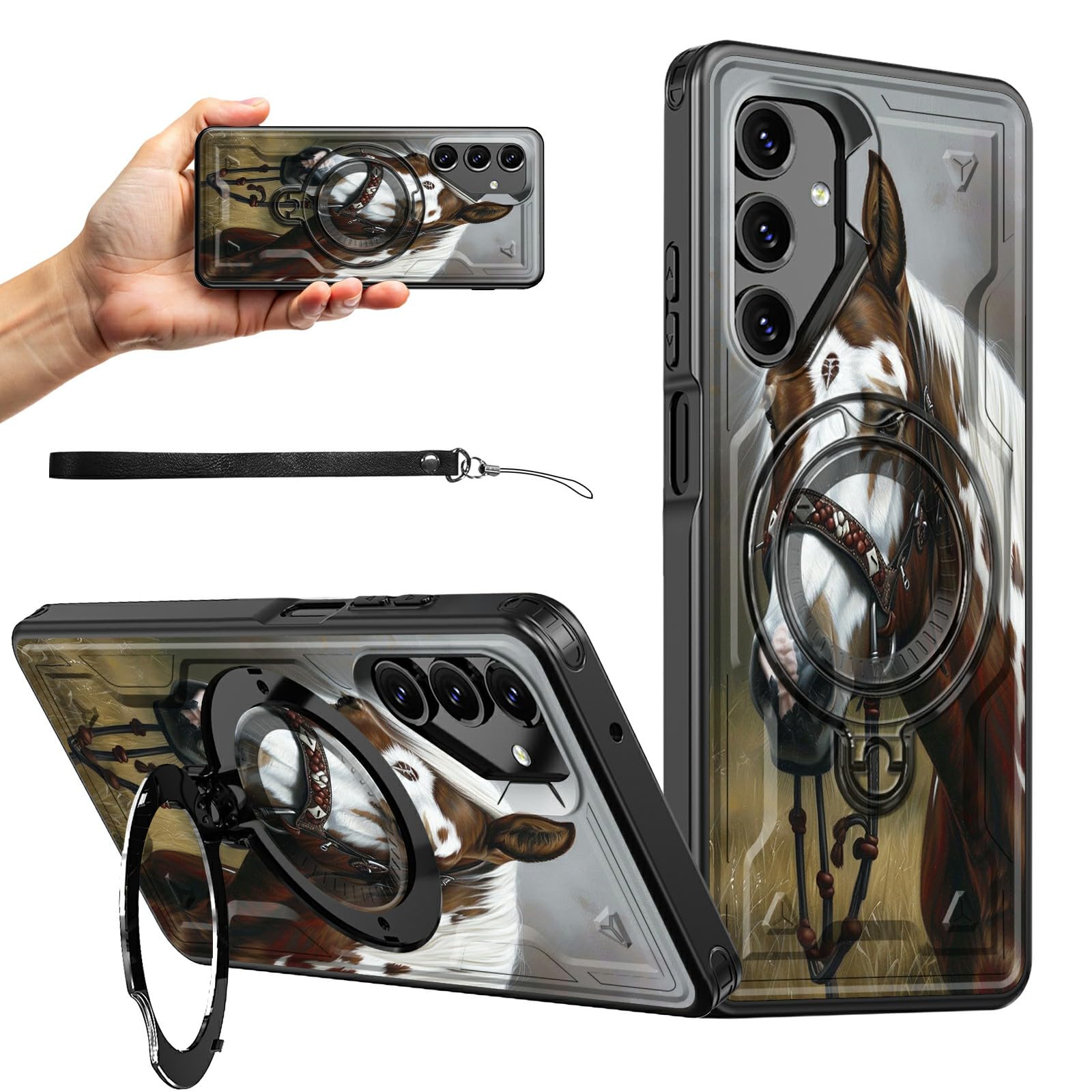 RWUTYTIUL for Samsung S25 Plus/Galaxy S24 Plus 6.7 Magnetic Case with Wrist Strap, Kickstand Anti-Scratch Hard PC Silicone Shock