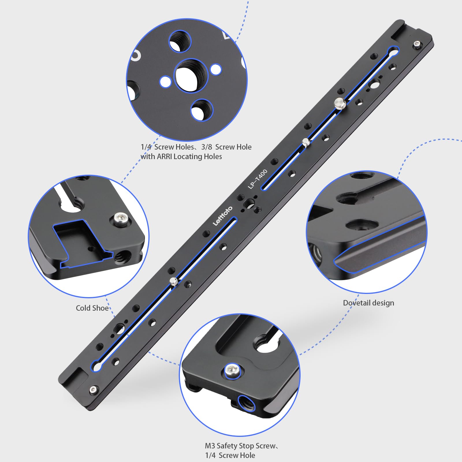 Leftfoto 400Mm Lengthened Quick Release Double Dovetail Slide Rail Universal Qr Plate, With Arri Locating Hole, 1/4'' & 3/8'' Th