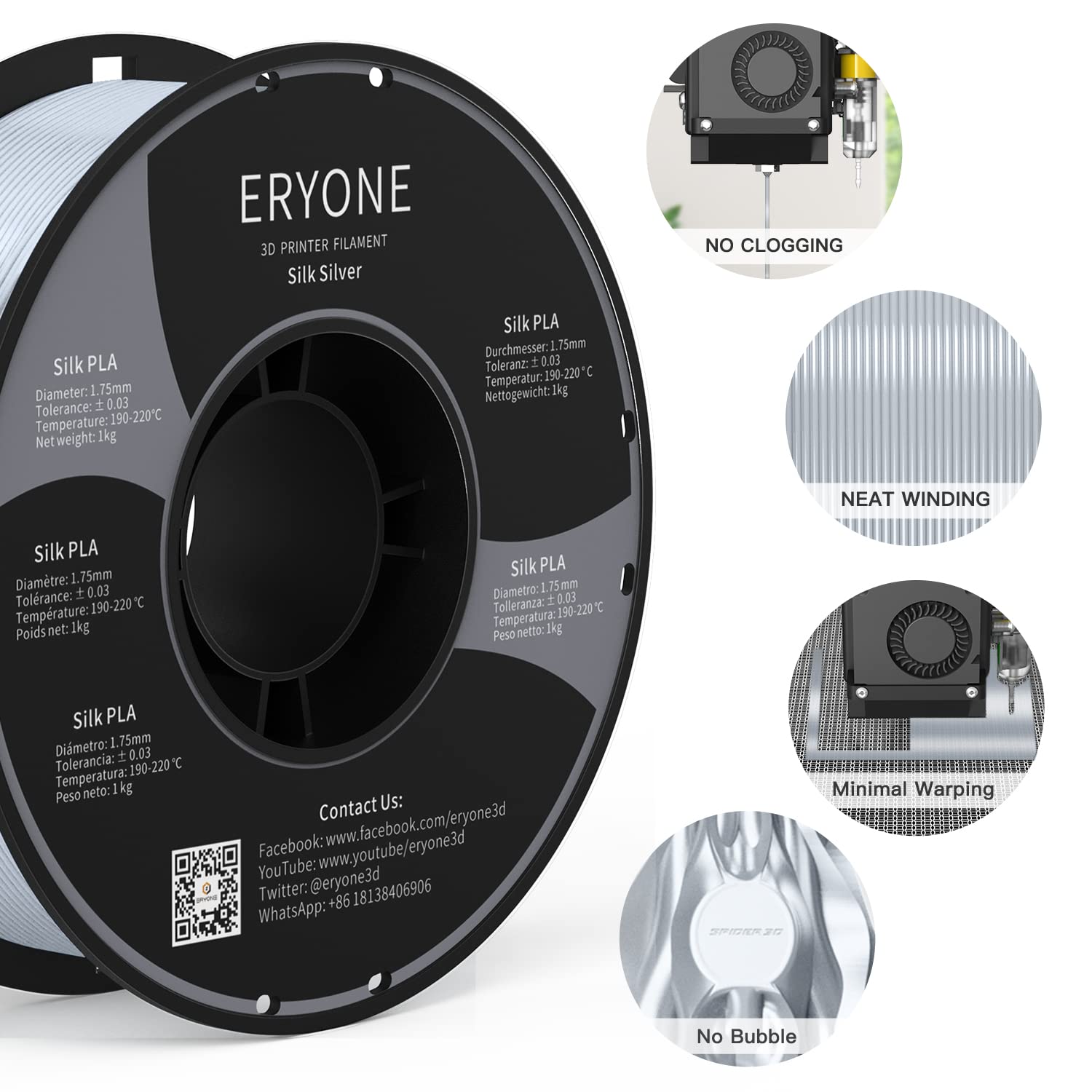 Eryone Silk Pla Filament For 3D Printer, 1.75Mm +/- 0.03Mm, 1Kg (2.1Lbs)/Spool, Silk Silver