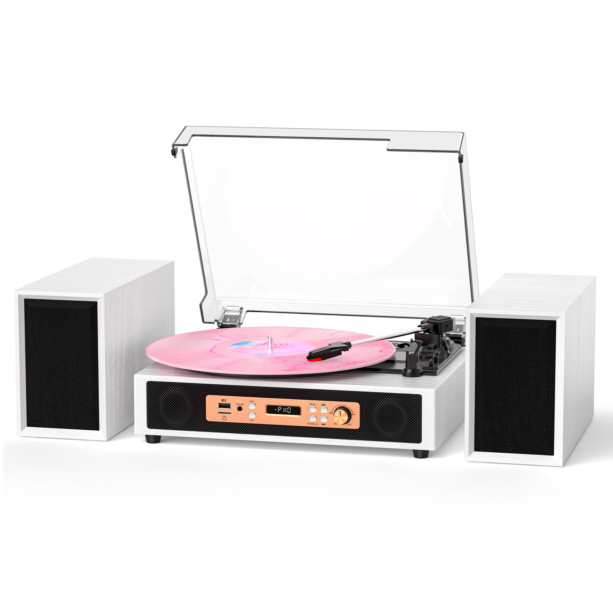 Bluetooth Vinyl Record Player with External Stereo Speakers, USB/TF Playback & Recording, 3-Speed Belt-Drive Turntable, Auto Sto