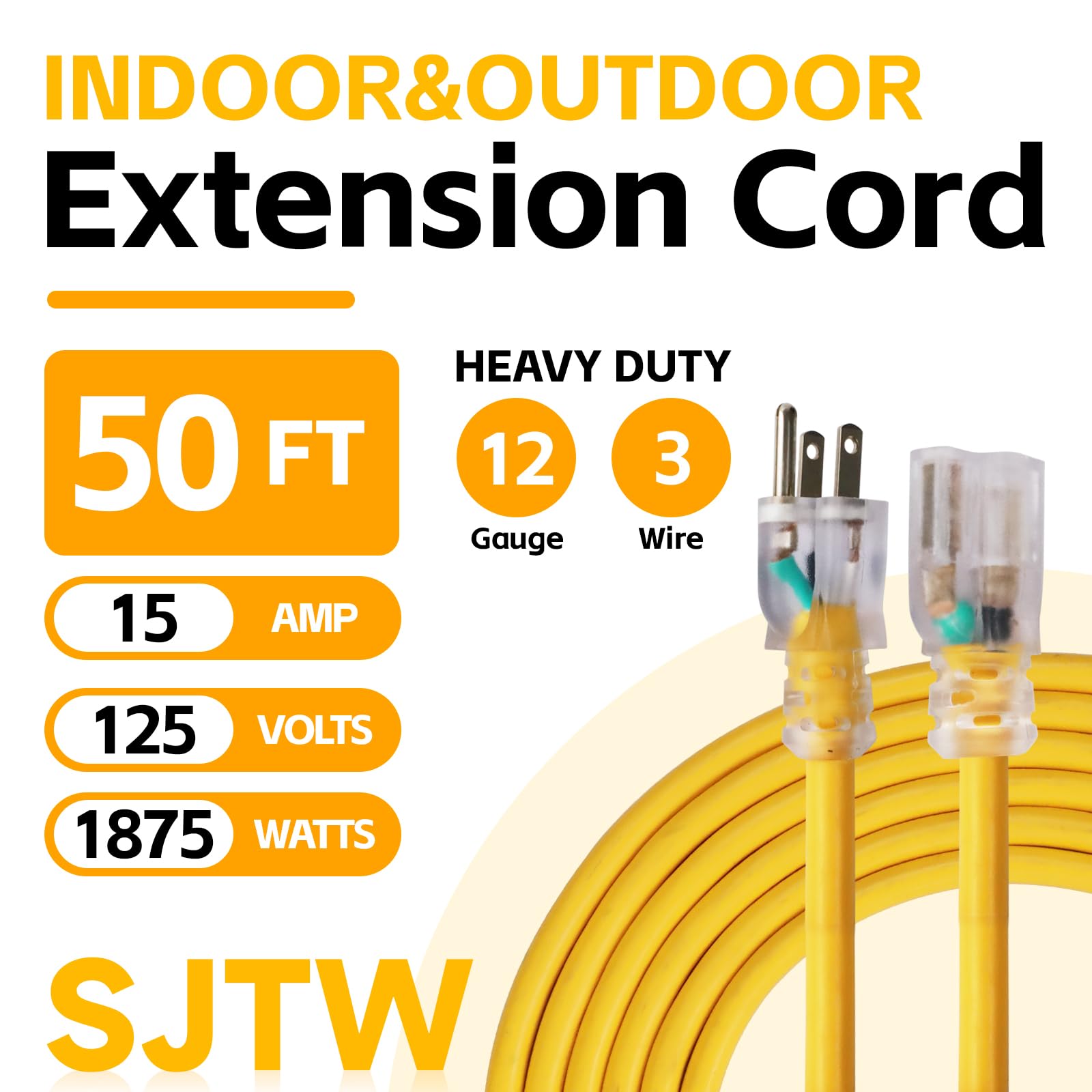 Ultra Explorer Outdoor Extension Cord Waterproof 50 Ft, 12 Gauge Heavy Duty Yellow Extension Cord Sjtw, Flexible Cold Resistant
