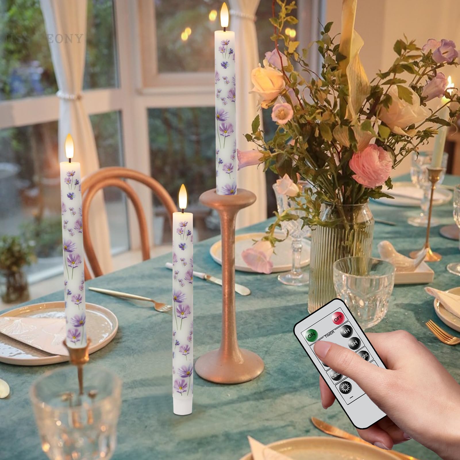Kunswenn Flameless Taper Candles With Remote, 4 Pcs Led Taper Candles Battery Operated With Purple Flower Decals, Flameless Cand