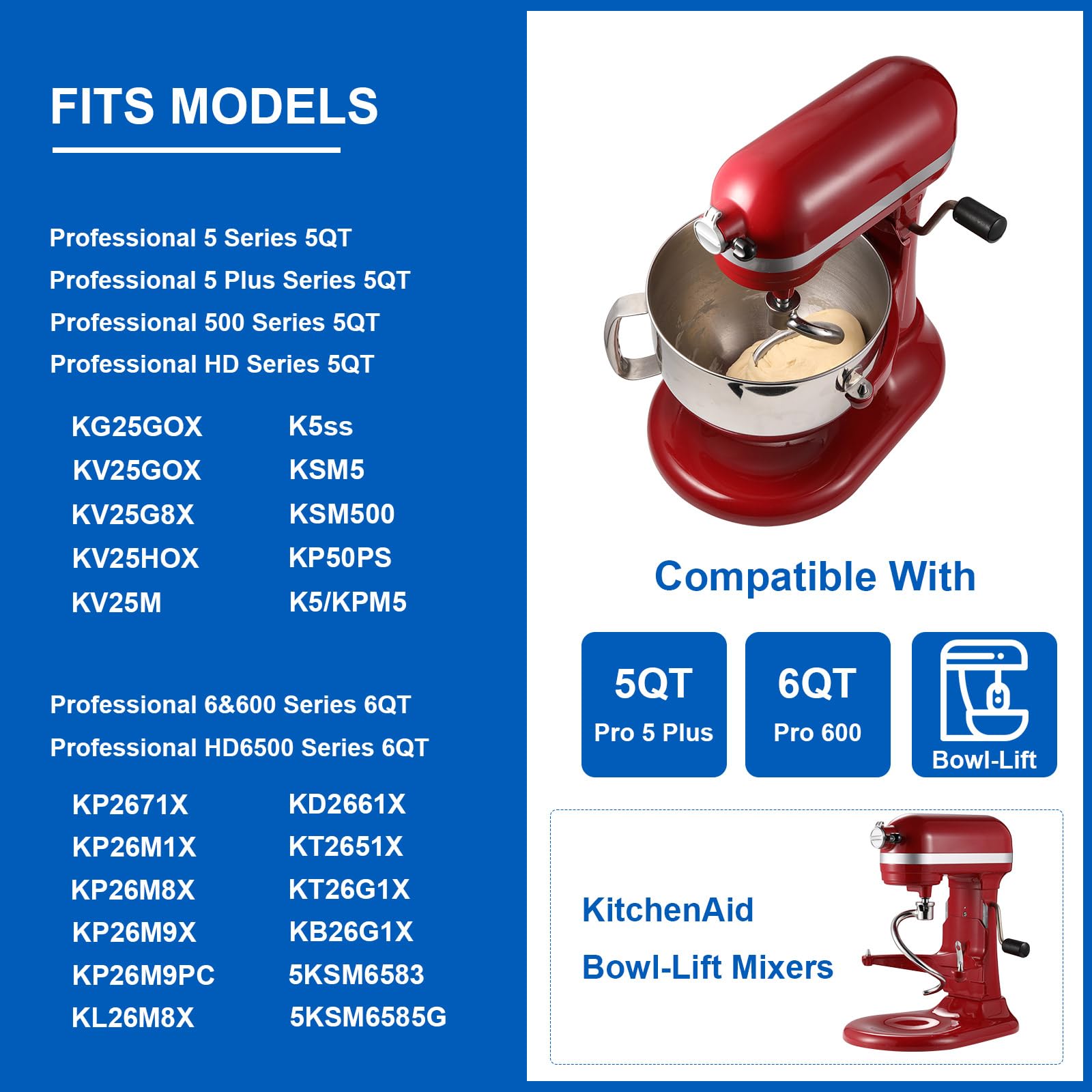 Dough Hook For Kitchenaid 6Qt Bowl Lift Stand Mixers, Stainless Steel Spiral Dough Hook Attachment Fits Models Kv25G0X, Kp26M1X,