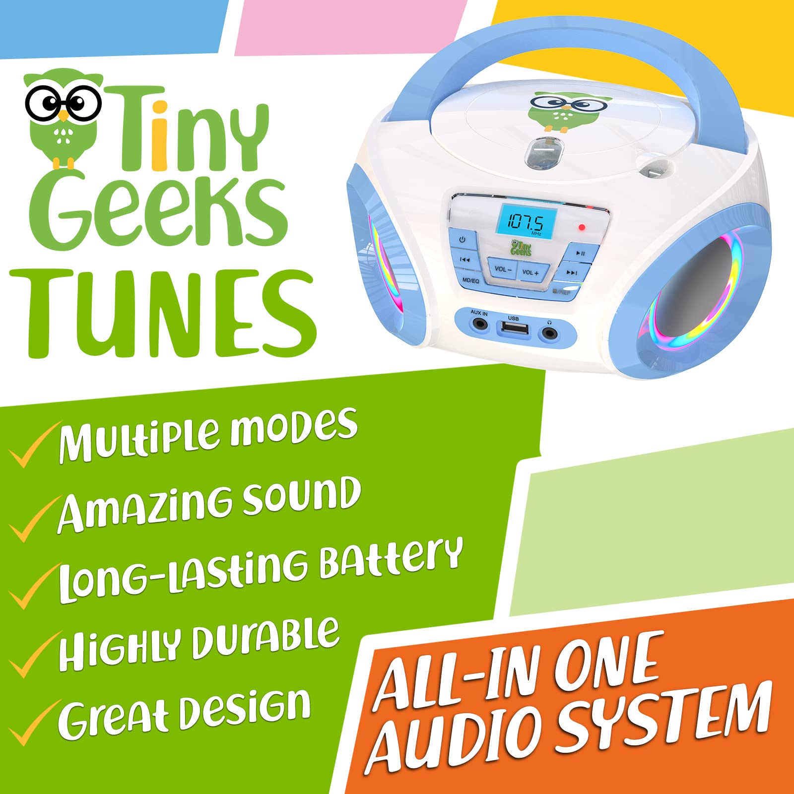 Tinygeeks Tunes Kids Boombox Cd Player For Kids   New 2023   Fm Radio   Batteries Included   Cute White Radio Cd Player With Spe