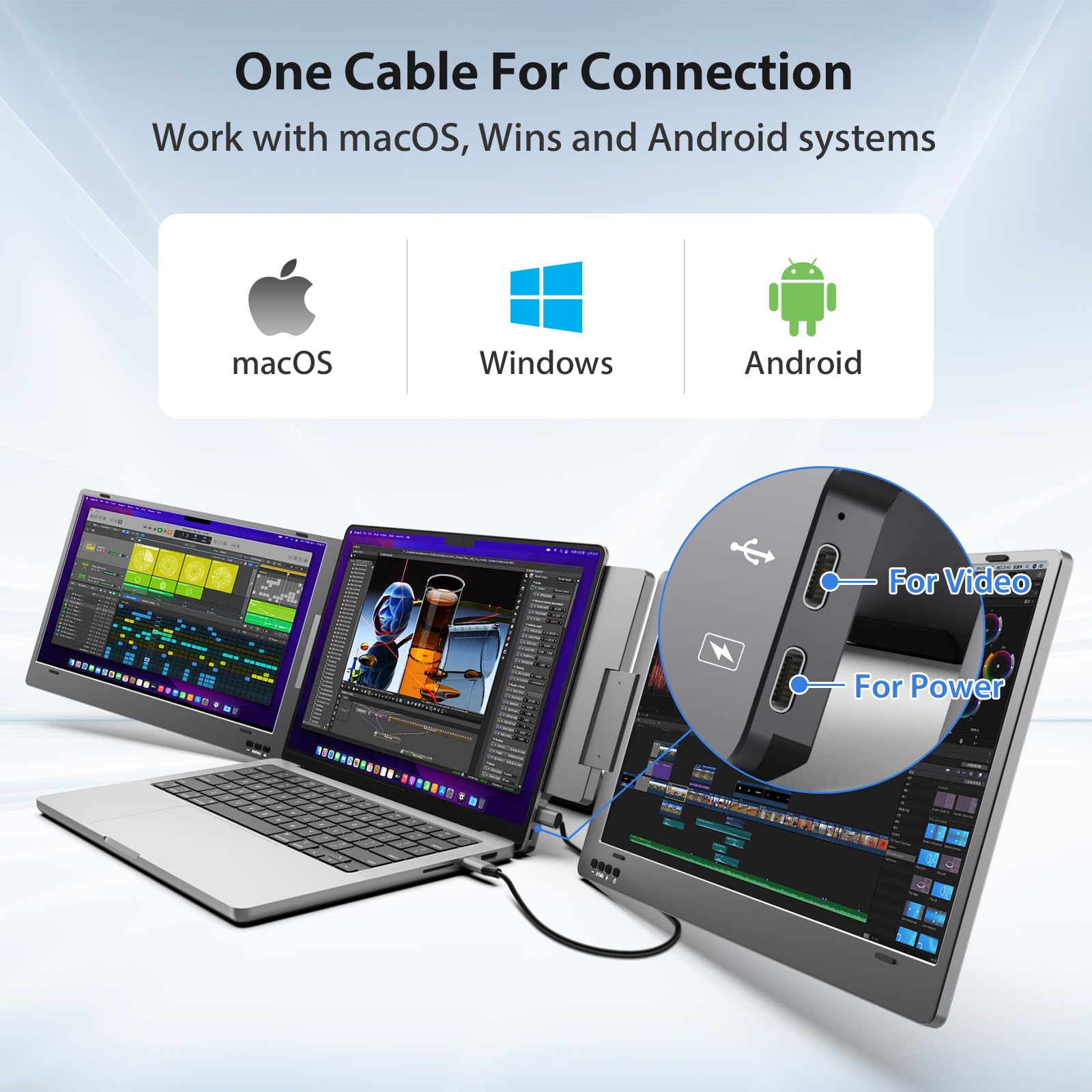 Kyy Triple Portable Monitor For Laptop, 14'' Fhd 1080P Usb C Laptop Screen Extender Hdr Ips Computer Display, Dual Monitor For T