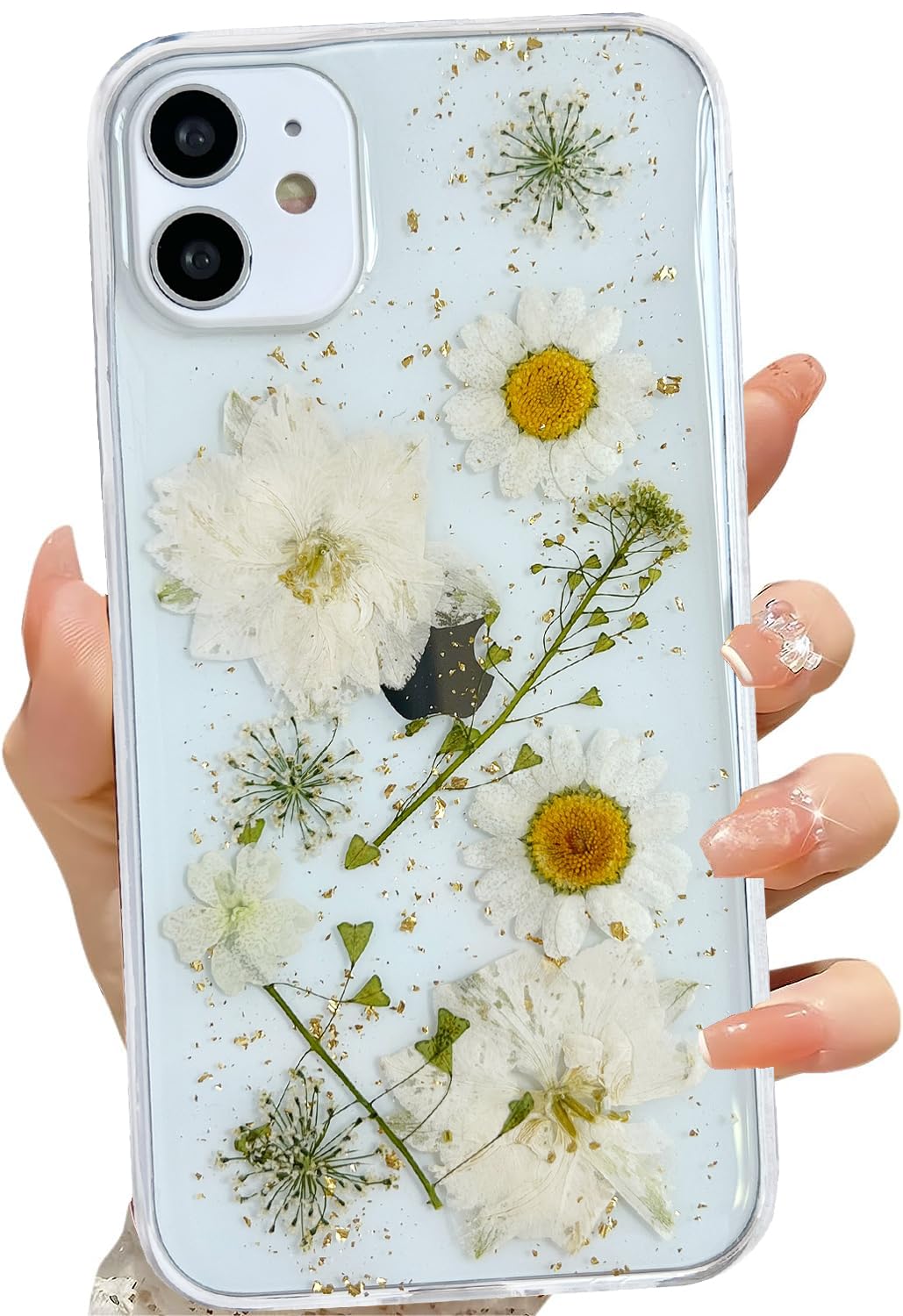 Lseeka For Iphone 11 Clear Case With Pressed Real Flowers Design,Glitter Cute White Floral Pattern Slim Soft Tpu Protective Wome