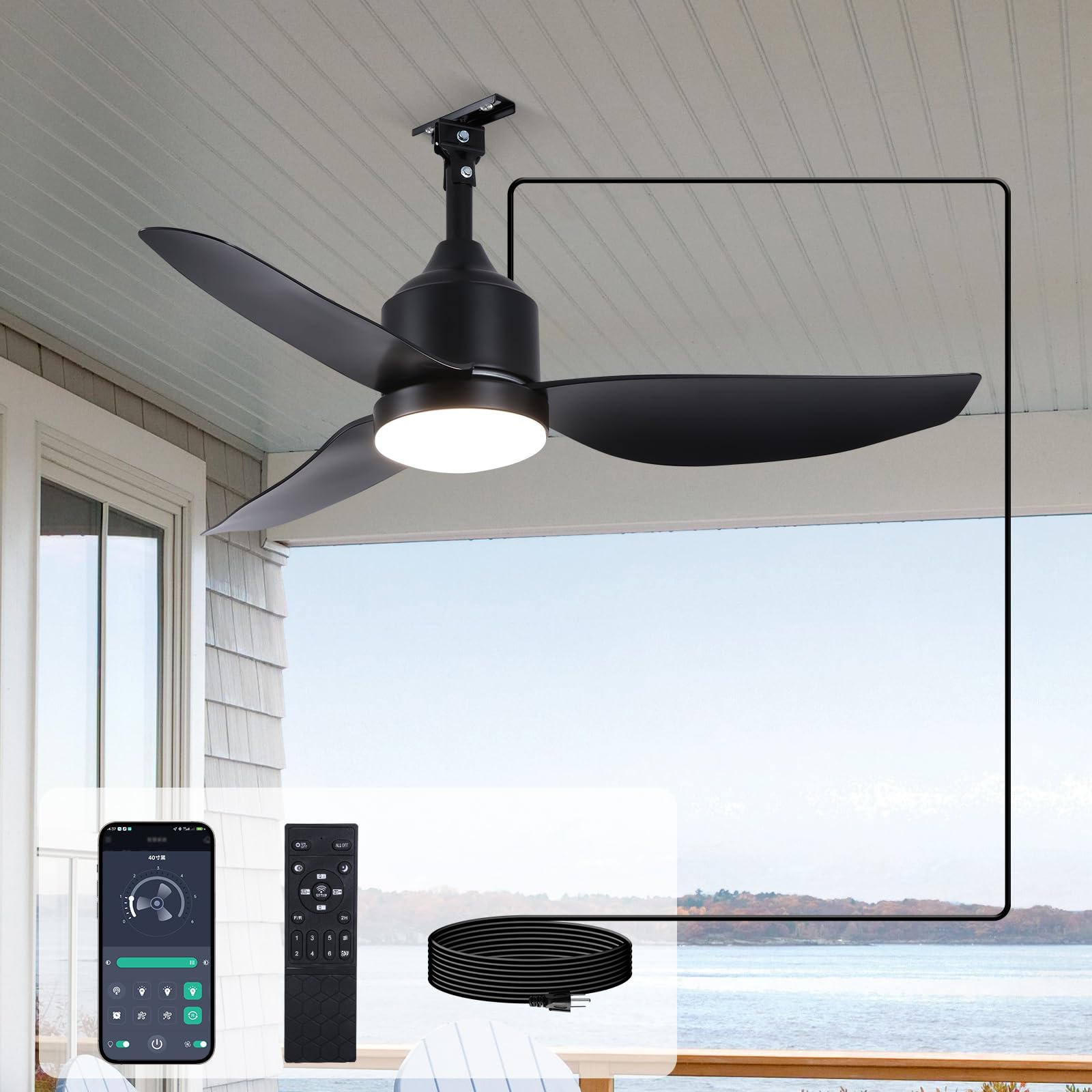 Prayou Outdoor Ceiling Fan with Light, 42 Inch Black Waterproof Outdoor Patio Fan with Remote Control, Reversible Quiet DC Motor