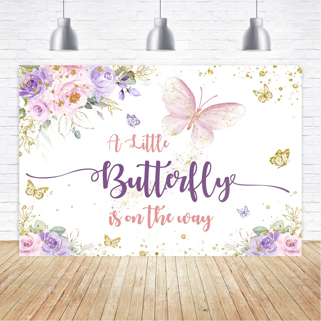 Aperturee 6X4Ft Butterfly Baby Shower Backdrop A Little Butterfly Is On The Way Photo Purple And Pink Floral Gold Spots Flowers