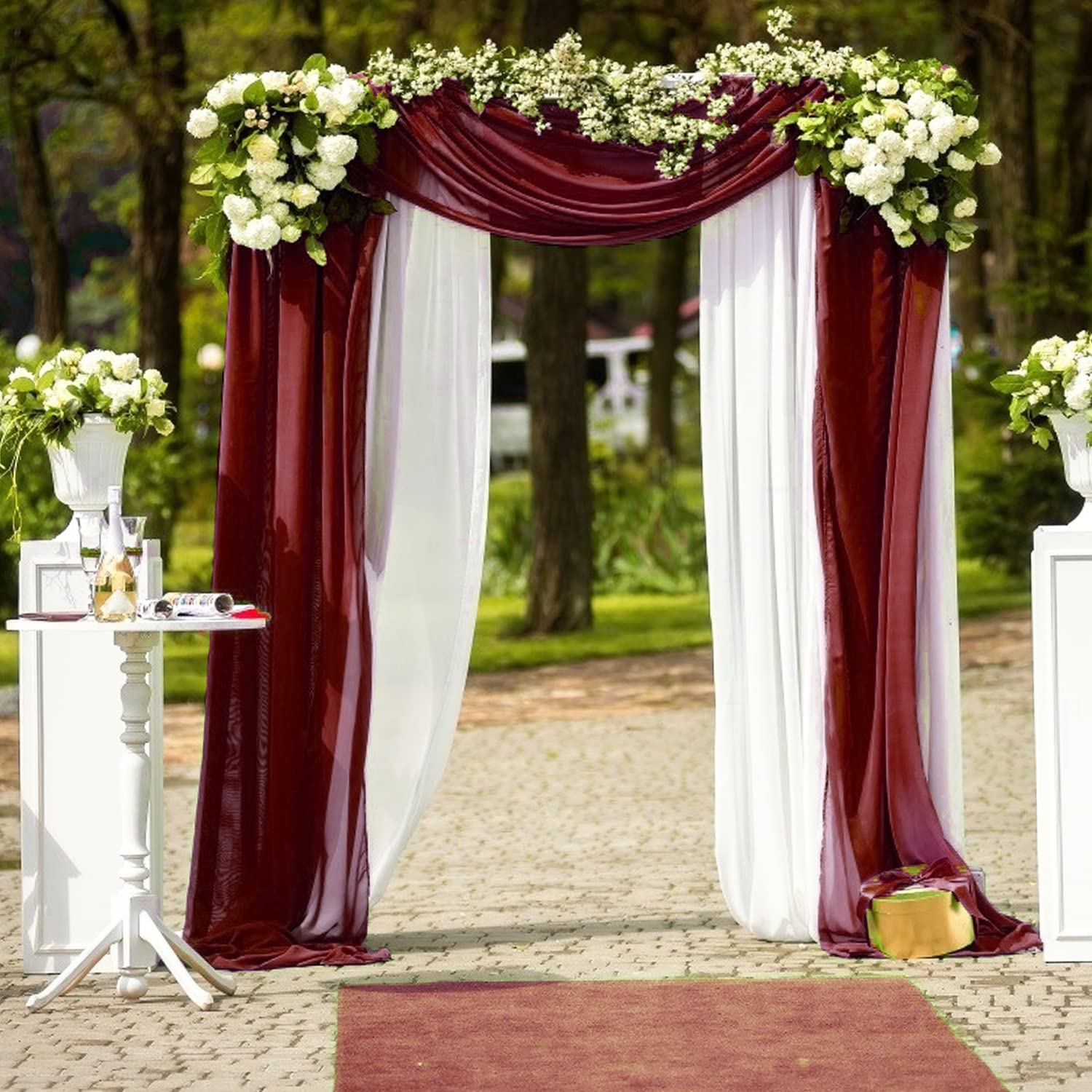 Wedding Arch Draping Fabric, 2 Panels Burgundy Sheer Backdrop Curtain Tulle Fabric Drapery For Arbor Wedding Archway Ceremony Pa
