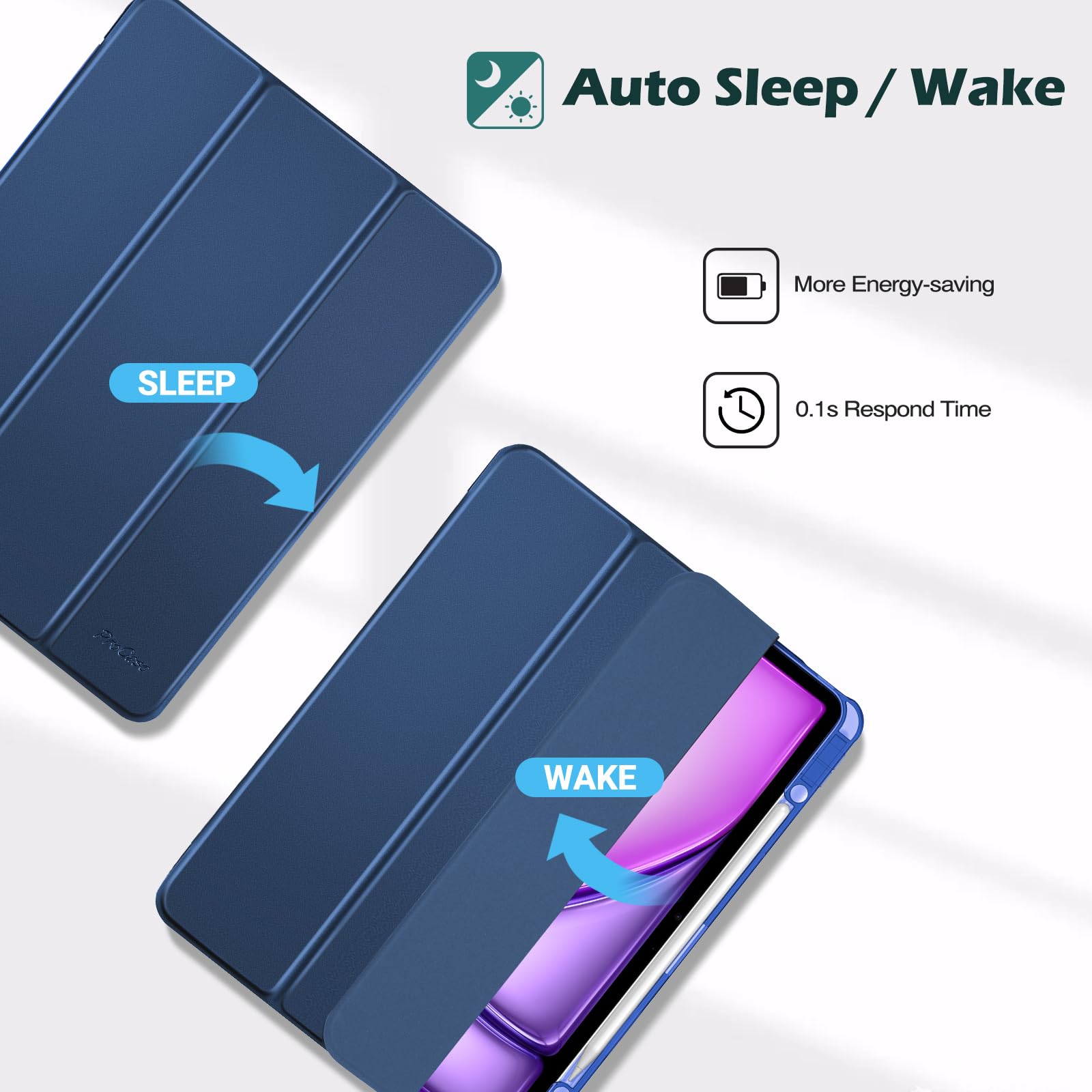 Procase For Ipad Air 13 Inch Case M3 2025/M2 2024 With Pencil Holder, Hybrid Smart Cover Ipad 13 Air M3 M2 Case With Clear Transparent Back, Supports Touch Id, Auto Wake/Sleep  Navy