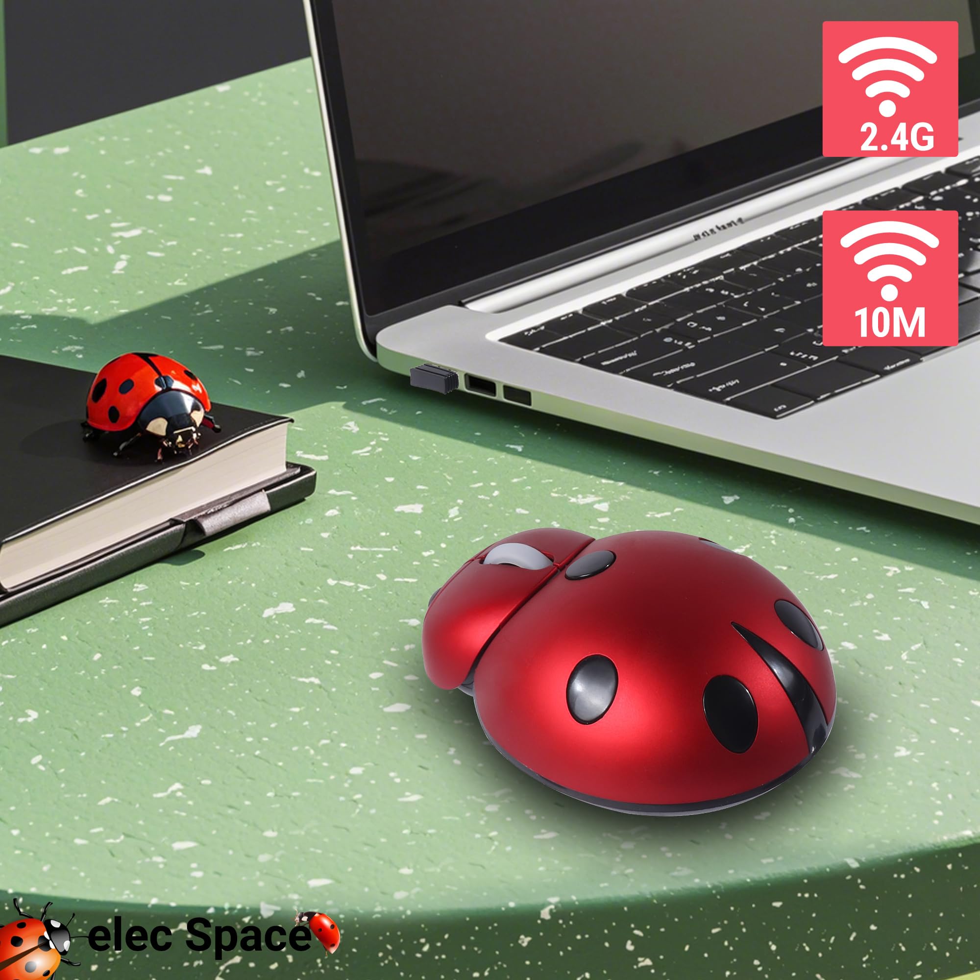 Elec Space Mini Small Wireless Mouse For Kids, Cute Animal Ladybug Shape 3000Dpi Portable Mobile Optical Mouse With Usb Receiver