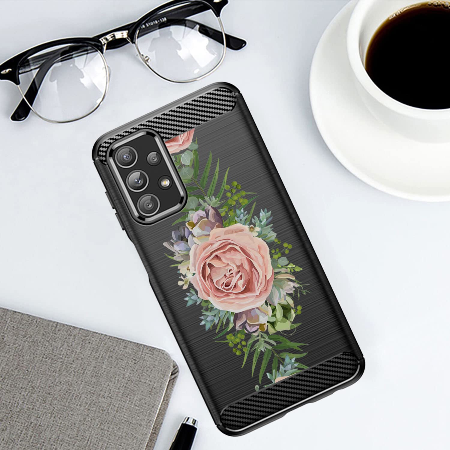 CasesOnDeck Phone Case Compatible with Samsung Galaxy A23 5G / A23 Tribal Floral Matte TPU Flexible Carbon Fiber Textured Pink Rose