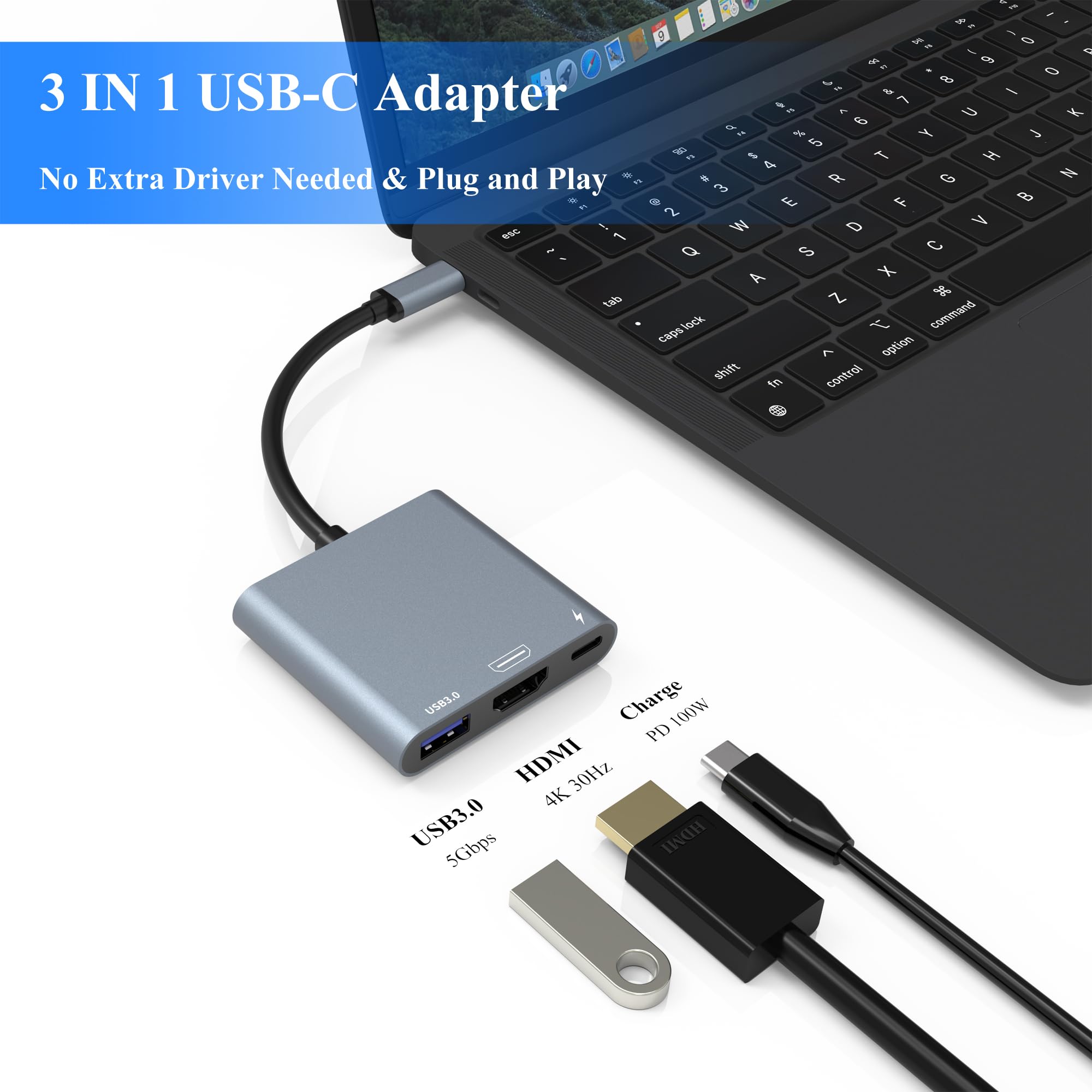 O Mei Stars Usb C To Hdmi Adapter, Usb C Hub, Iphone To Hdmi Adapter For Tv, 3 In 1 Digital Av Multiport 4K@30Hz, 100W Fast Char