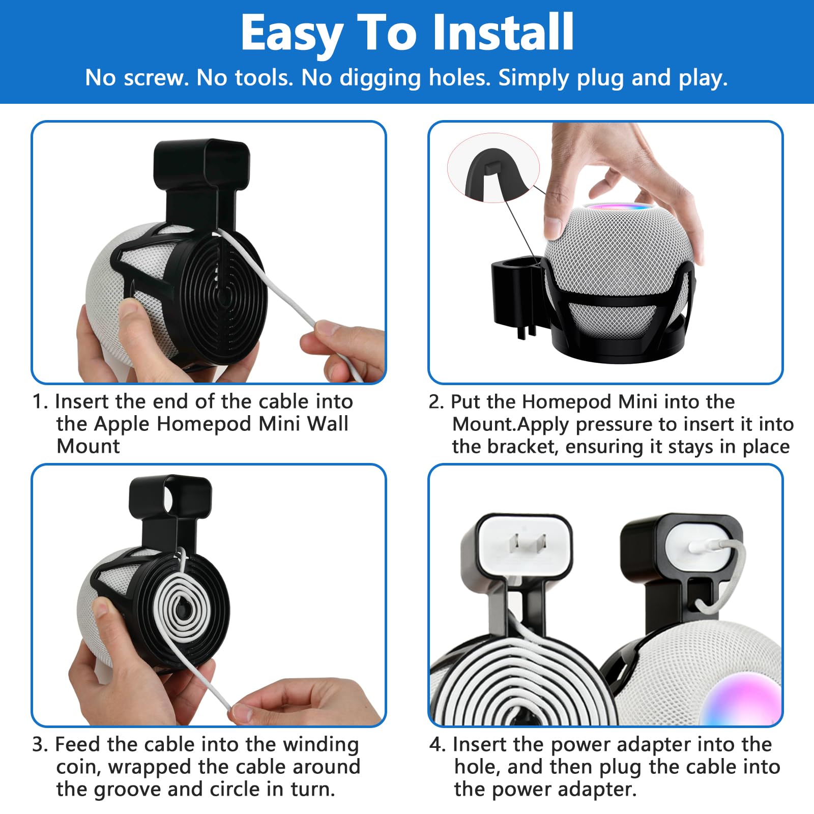 Cuhioy Outlet Wall Mount Holder For Homepod Mini, Plug Mount Stand With Cord Management For Space Saving, No Messy Cords Or Scre