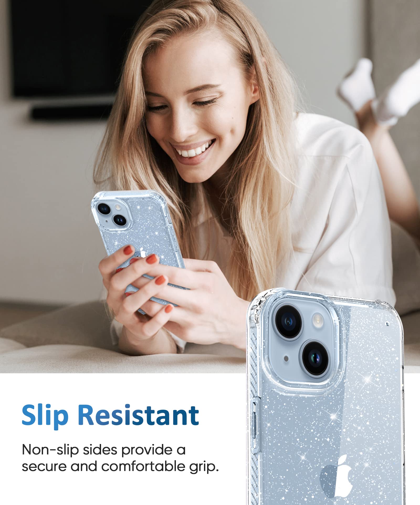 Miodik For Iphone 14 Case With Screen Protector + Camera Lens Protector, [Non Yellowing] Clear Glitter Phone Case, [Military Gra