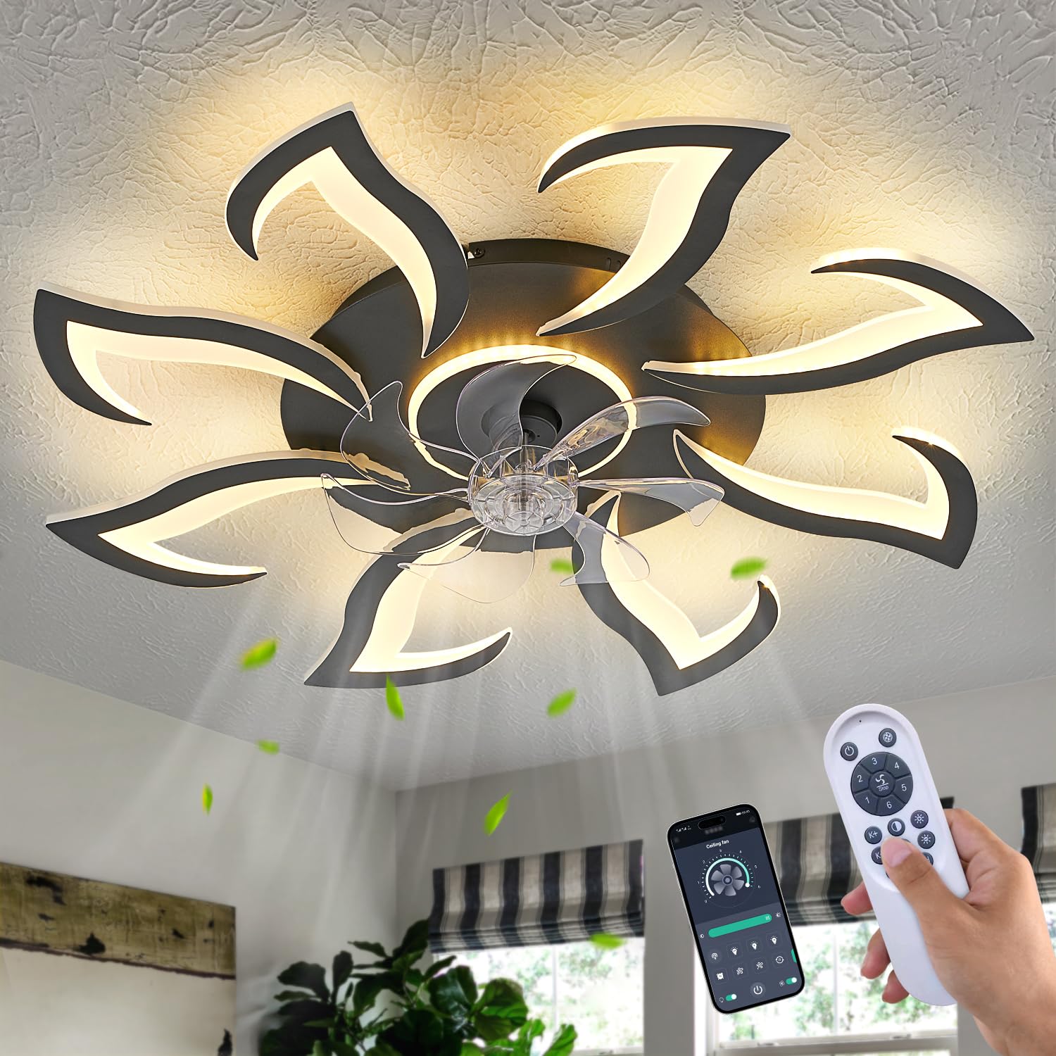 Modern Ceiling Fan With Light And Remote, Low Profile Ceiling Fans With Lights, 36 Inch Black Flush Mount Ceiling Fan With 3 Lig