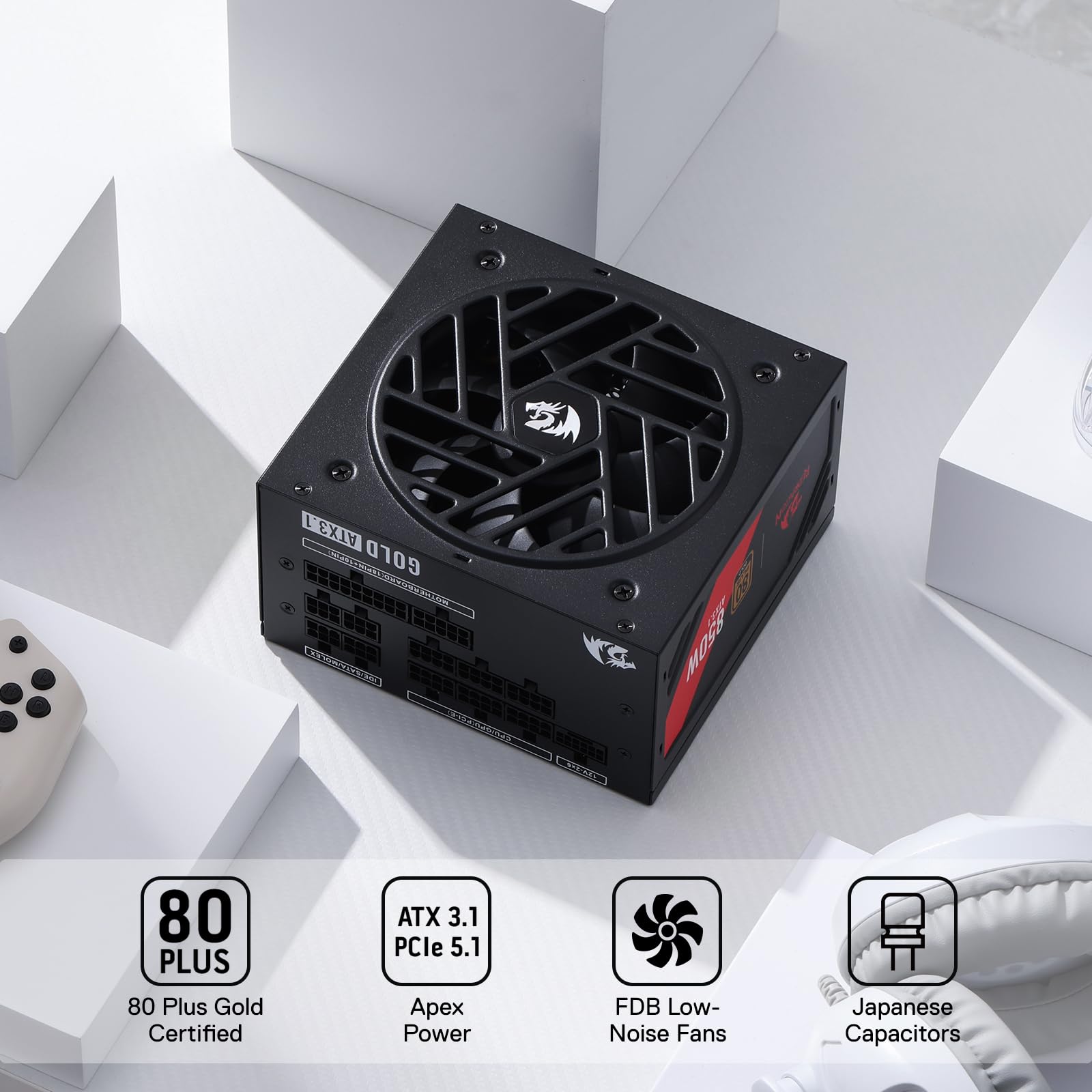 Redragon Rgms-850W Pro 80+ Gold 850 Watt Power Supply W/Upgraded Atx 3.1 & Pcie 5.1 Fully Modular, Compact 150Mm Size, Smart Eco