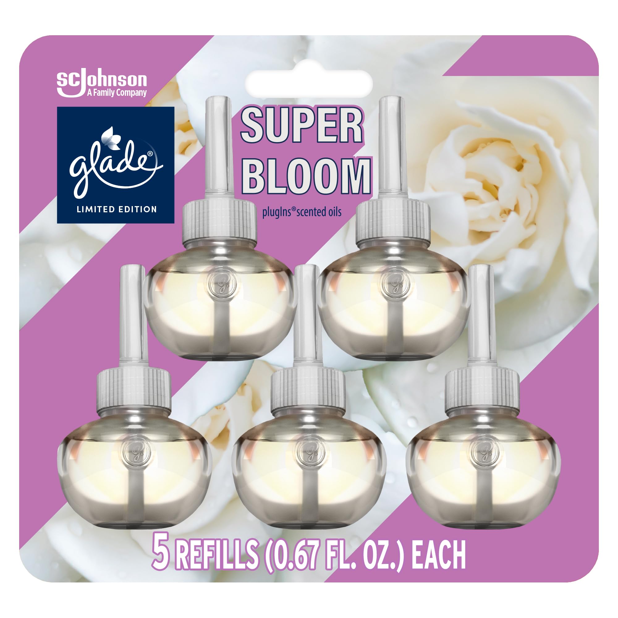 Glade Plugins Refills Air Freshener, Scented And Essential Oils For Home And Bathroom, Super Bloom, 3.35 Fl Oz, 5 Count