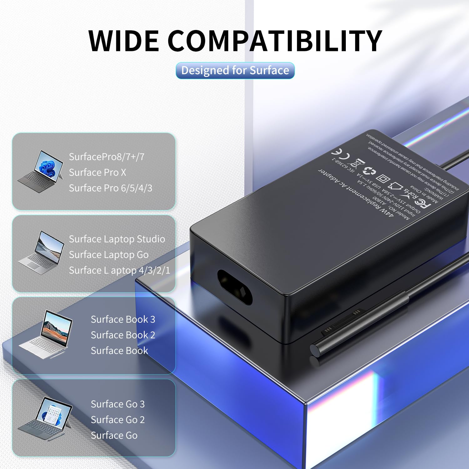 Surface Charger, 44W 15V 2.58A Power Supply Ac Adapter Charger For Microsoft Surface Pro 3/4/5/6/7, Surface Laptop 3/2/1, Surface Go/Book, With 6Ft Power Cord