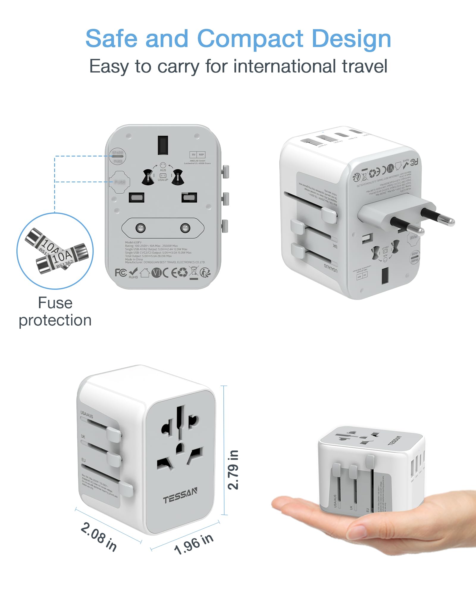 Tessan Universal Travel Adapter, International Power Adapter 5.6A 3 Usb C 2 Usb A Ports, Plug Adaptor Travel Worldwide, Travel C