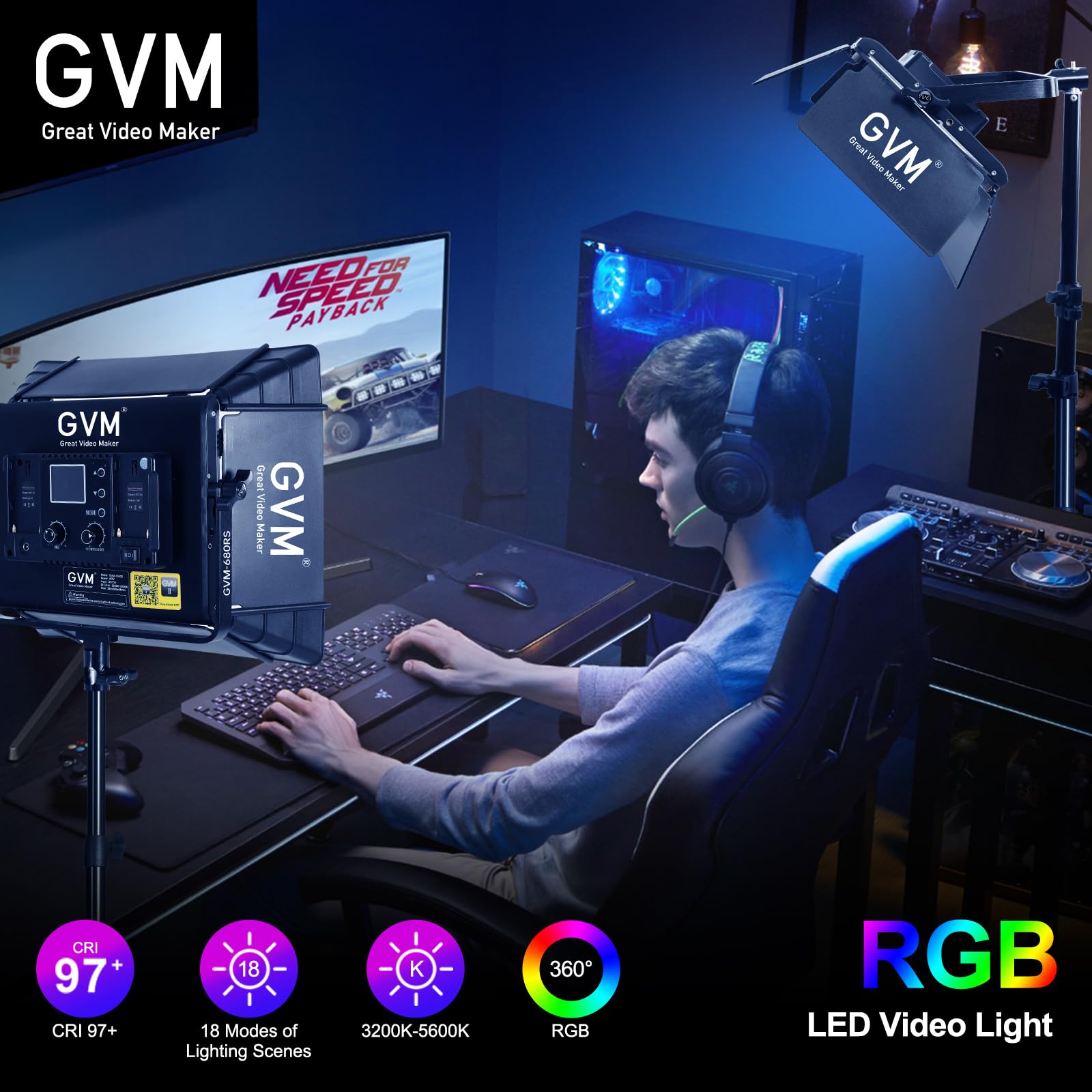 Gvm Rgb Photography Lighting Kits With 2 Softboxes, 880Rs 60W Studio Lights With Bluetooth Control, 2 Packs Video Light With 18