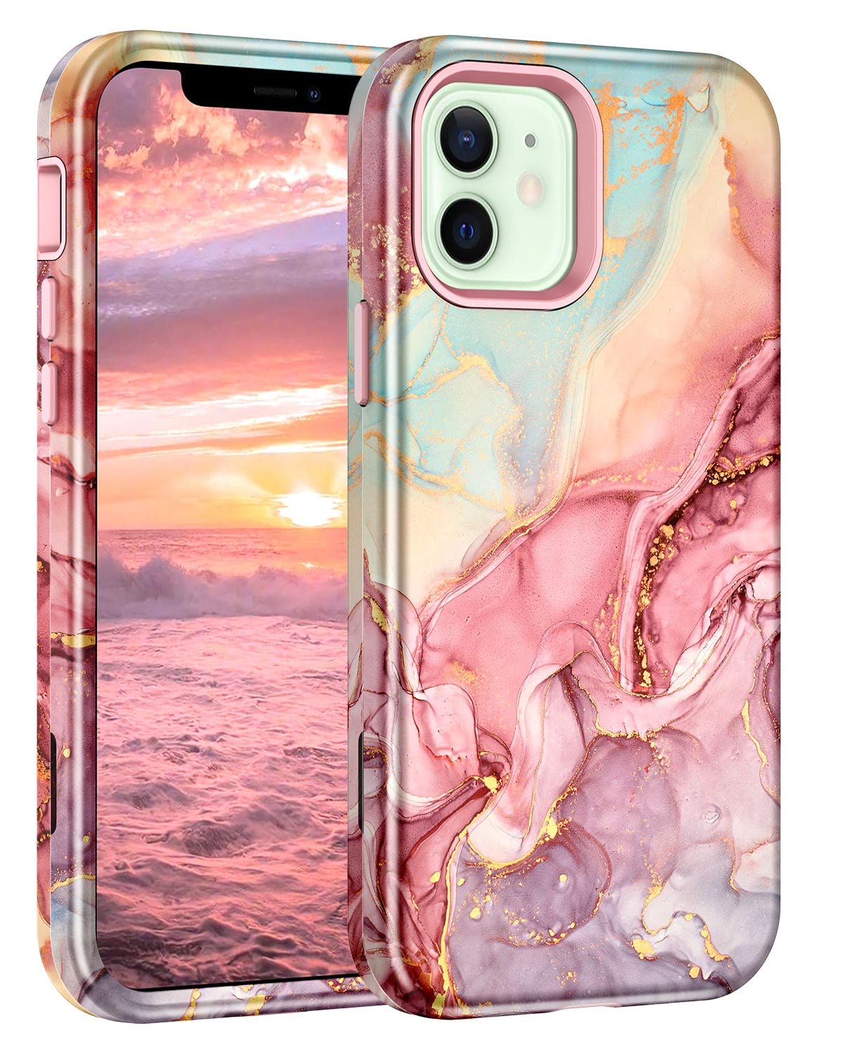 Btscase For Iphone 12 Case/Iphone 12 Pro Case, Heavy Duty Three Layer Marble Shockproof Full Body Rugged Hard Pc+Soft Tpu Bumper