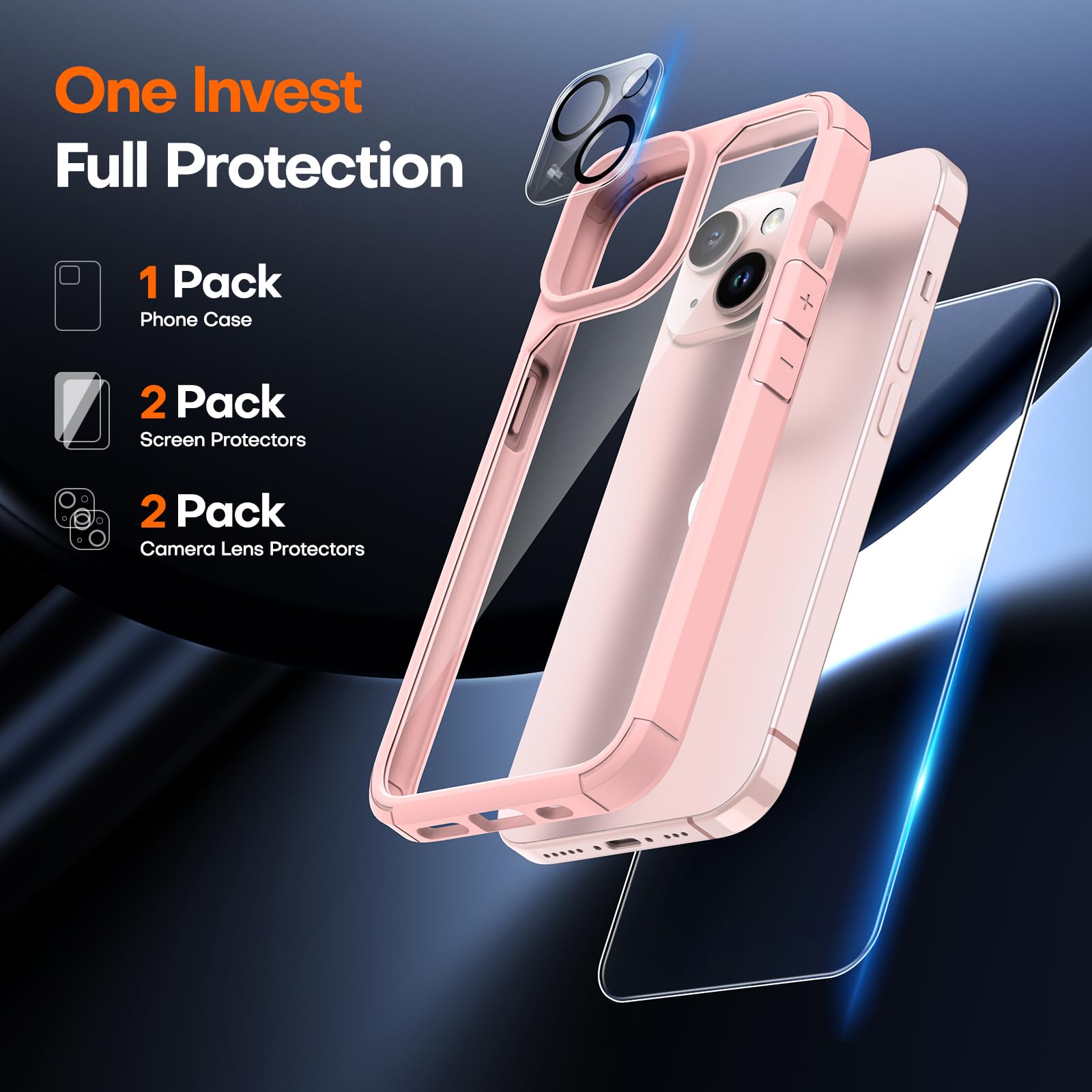 Tauri 5 In 1 Designed For Iphone 15 Plus Case, [Not Yellowing] With 2X Tempered Glass Screen Protector + 2X Camera Lens Protecto