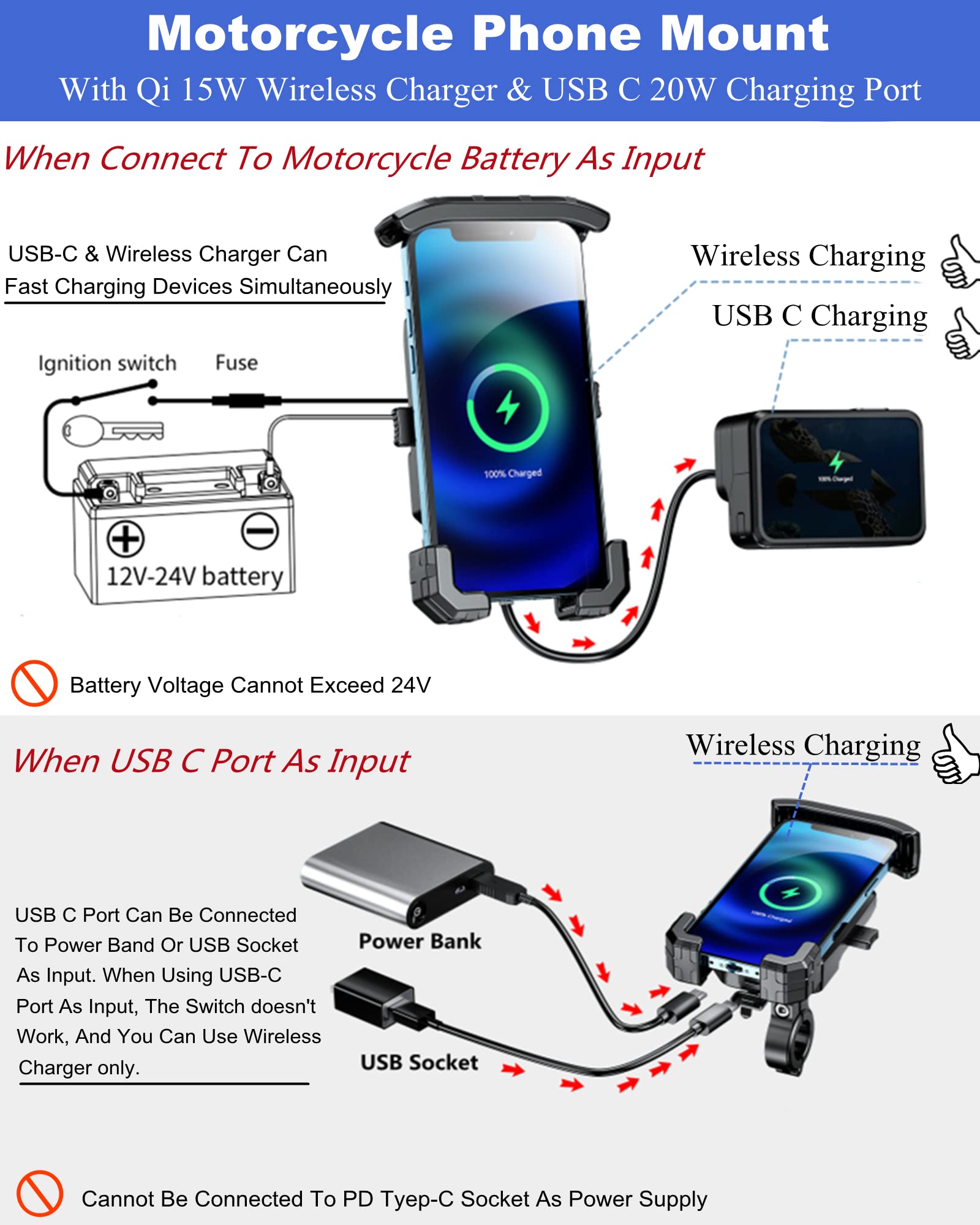 Brcovan Motorcycle Phone Mount With Qi 15W Wireless Charger And Usb C 20W Fast Charging Port, One Hand Operation Motorcycle Cell