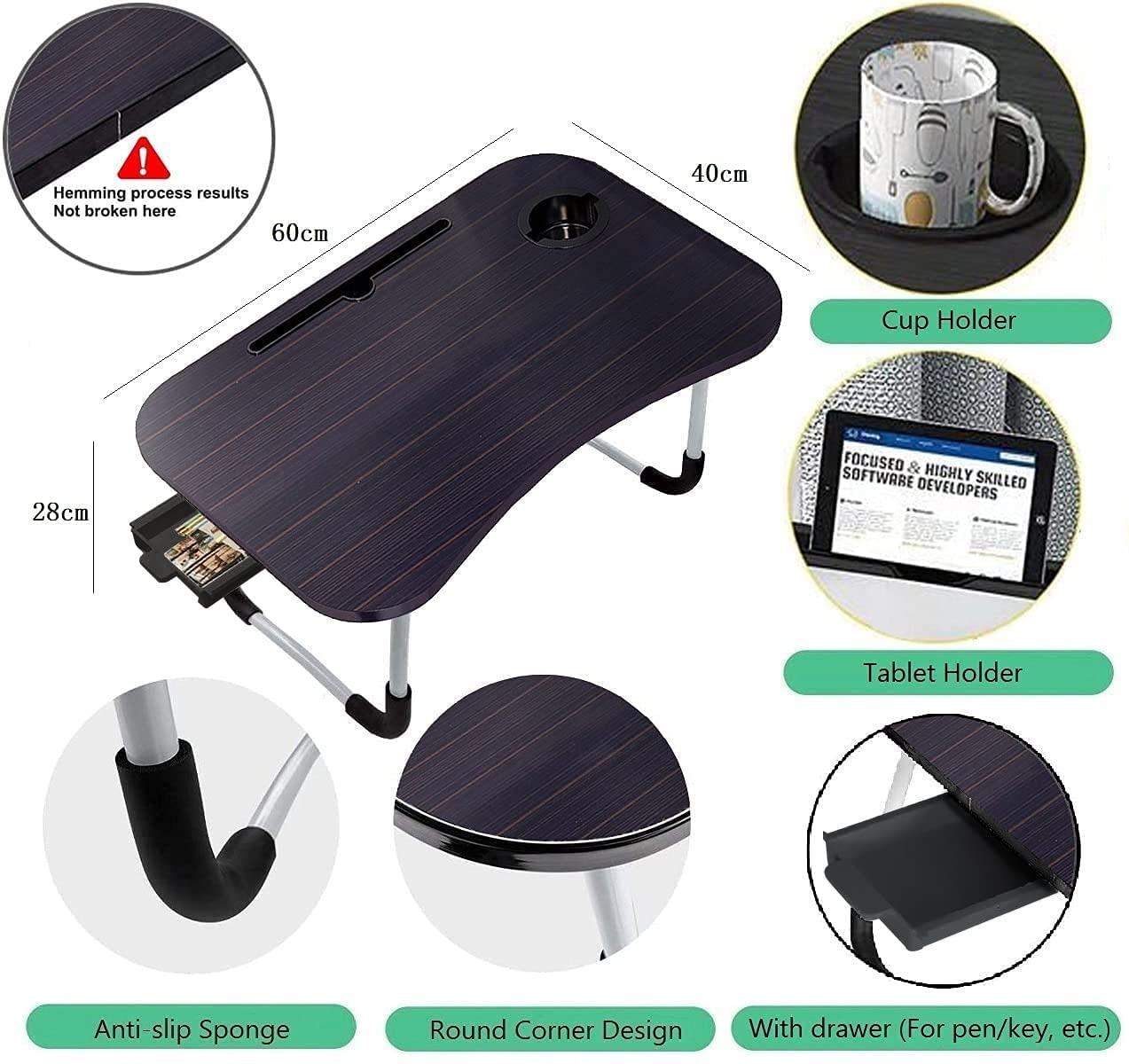 Foldable Bed Table For Laptop,Laptop Desk Table Stand For Bed,Laptop Bed Tray Table With Storage Drawer Cup Holder, Portable Lap