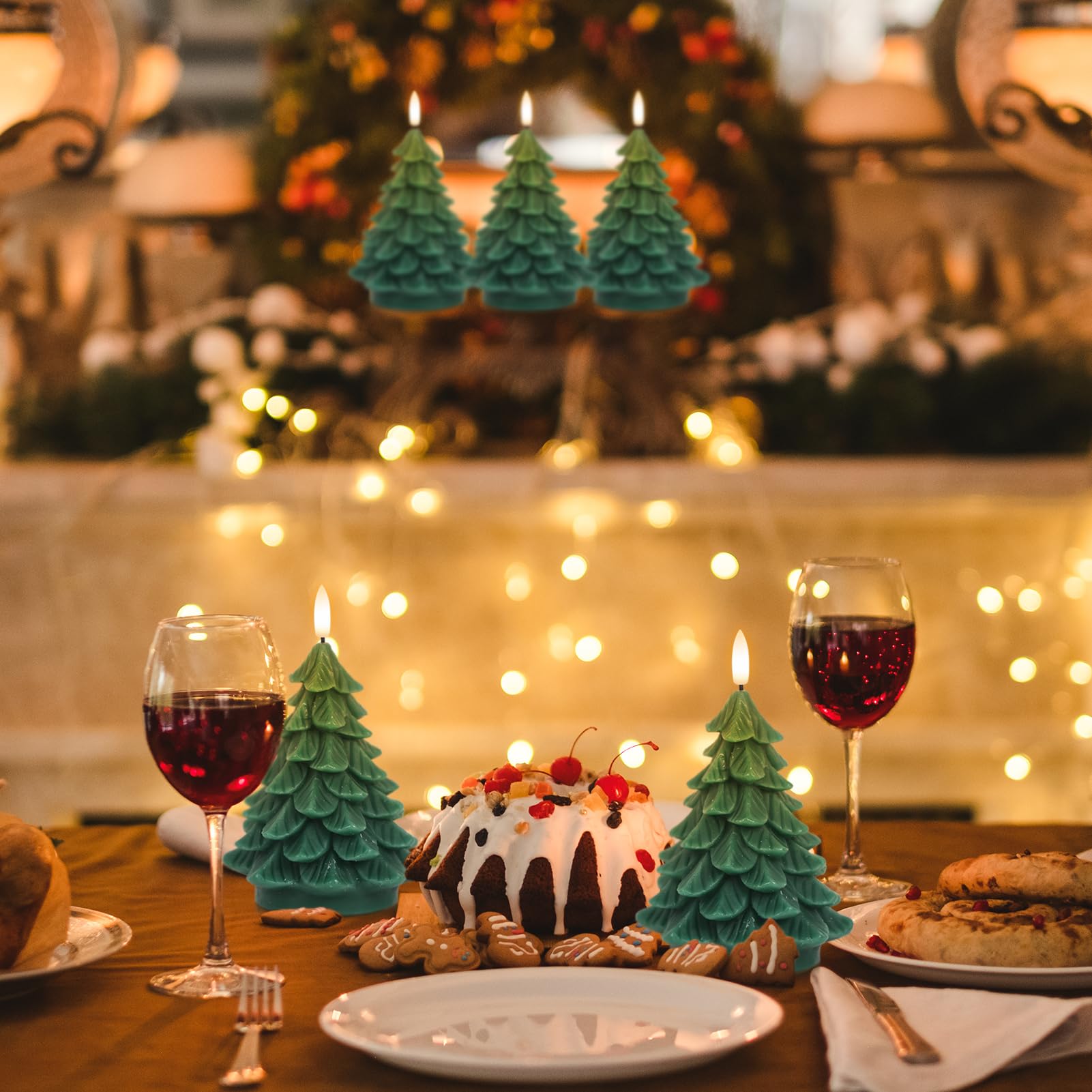 Eldnacele Christmas Tree Flameless Candle With 6 Hour Timer, Battery Operated Real Wax 3D Wick Flickering Pillar Green Led Candl