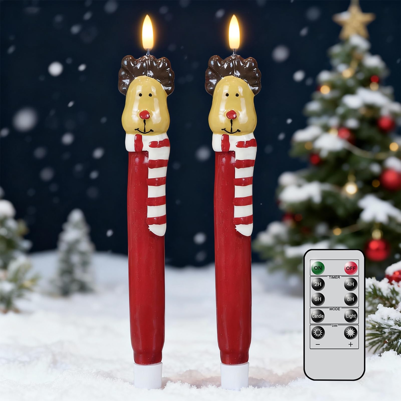 Lasumora Christmas Flameless Taper Candles with Remote Timer, 2 Pcs Hand-Painted Reindeer Sculpture Shape LED Candlesticks with 