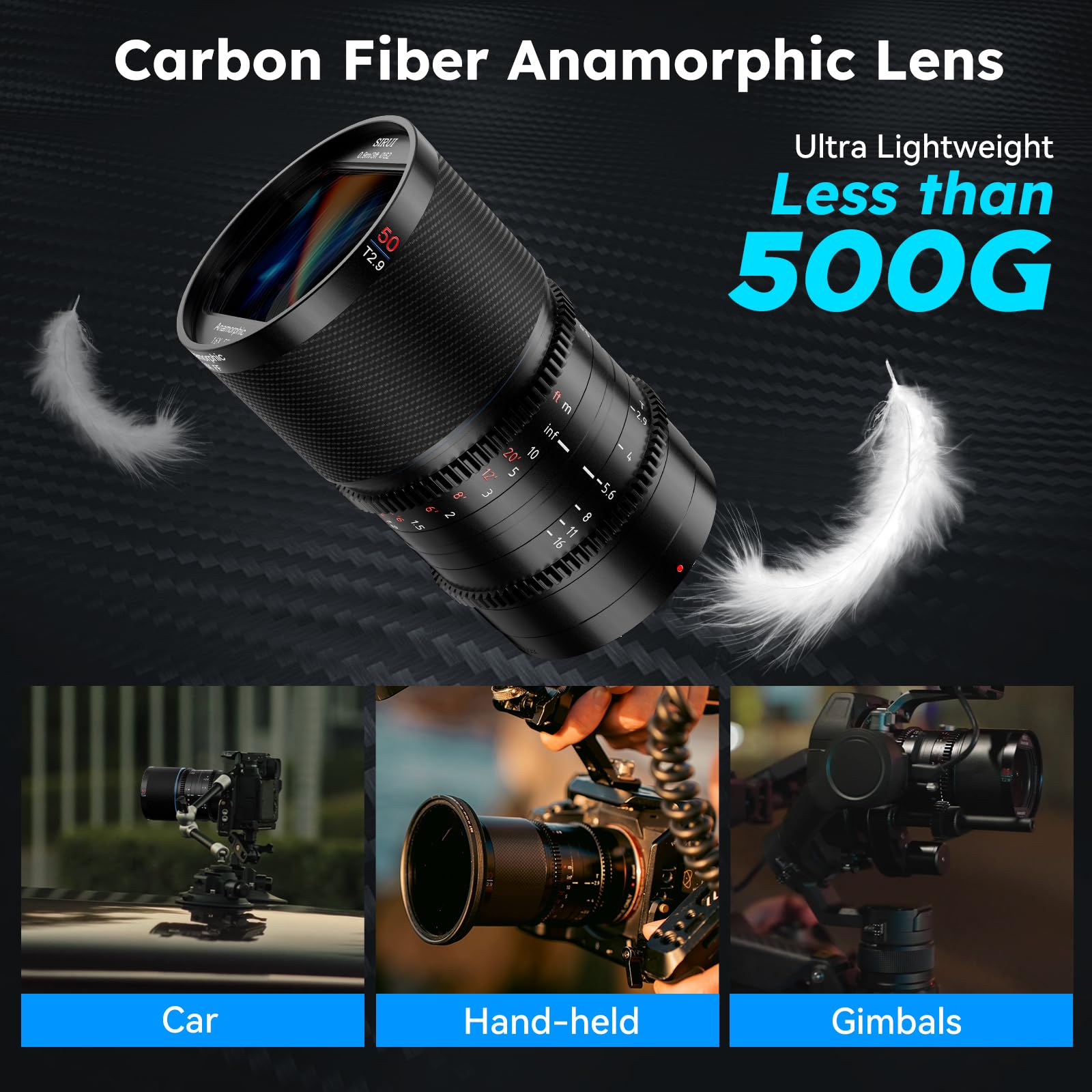 Sirui Saturn 50Mm T2.9 1.6X Full Frame Carbon Fiber Anamorphic Lens, Cine Lens For X Mount Cameras, Less Than 500G (Neutral Flar