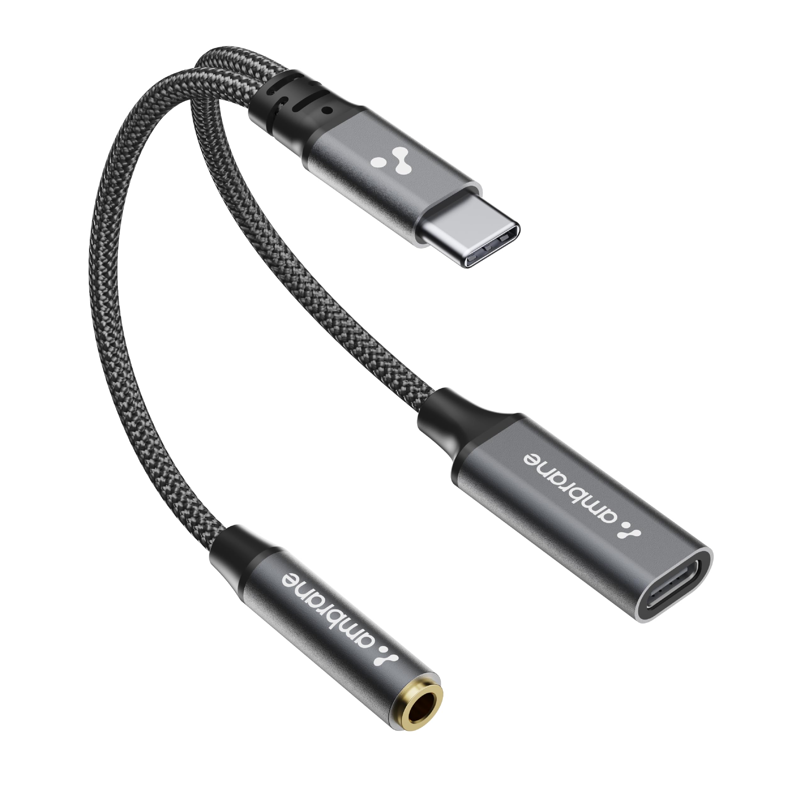 AMBRANE 2 in 1 Type C to 3.5mm AUX/Lightning to AUX, Audio Jack Connector with DAC Headphone Converter, Works with iPhone 15+ Se
