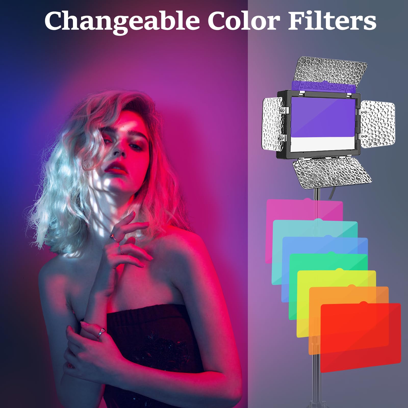 2 Pack Led Video Photography Lighting Kit With 54'' Tripod Stand, Dimmable 5600K Usb Studio Lights With Barndoor  9 Color Lighti