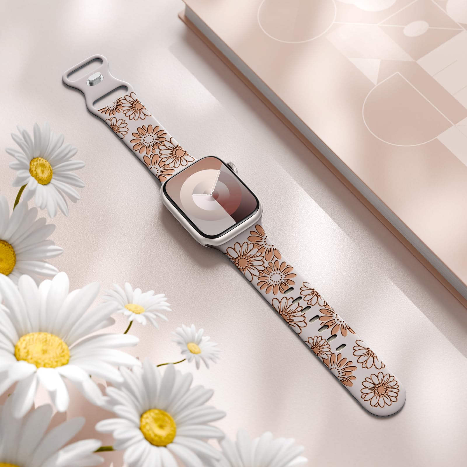 Daqin Floral Engraved Band Compatible With Apple Watch Band 44Mm 45Mm 46Mm 42Mm 49Mm Women,Cute Two Tone Flower Soft Silicone Sp