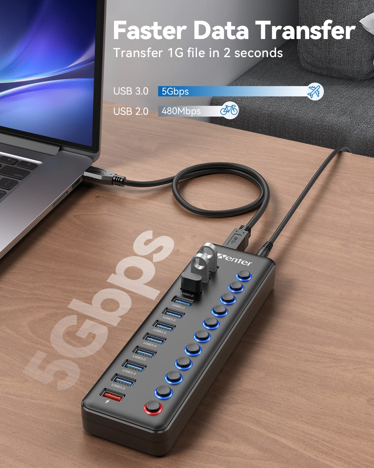 Powered Usb Hub, Wenter 11 Port Usb Splitter Hub (10 Faster Data Transfer Ports+ 1 Smart Charging Port) With Individual Led On/Off Switches, Usb Hub 3.0 Powered With Power Adapter For Mac, Pc