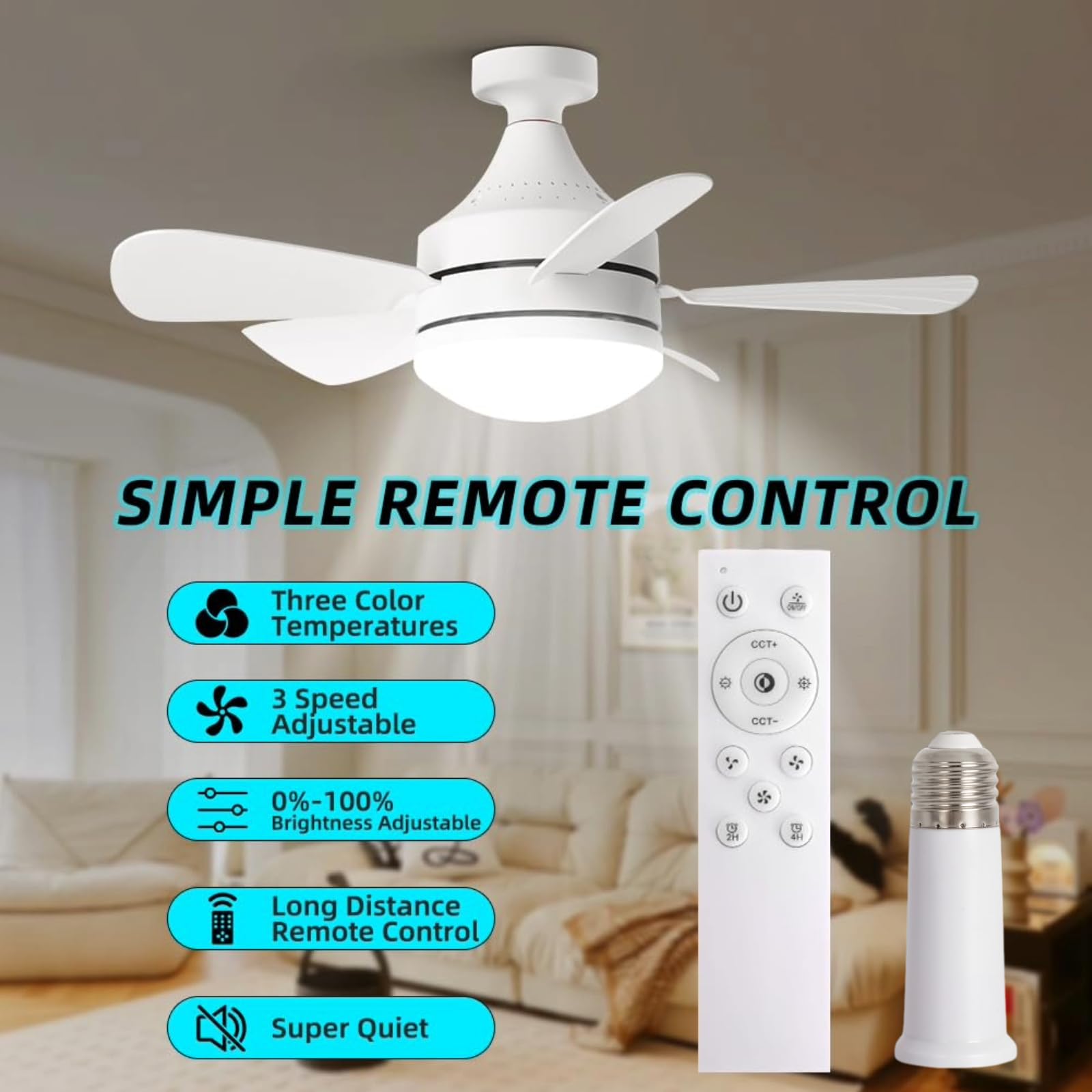 Aomohk Socket Fan Light With Remote, 18'' Small Light Socket Ceiling Fan For E26 Base, 3Cct Dimmable Mini Screw In Ceiling Fan I