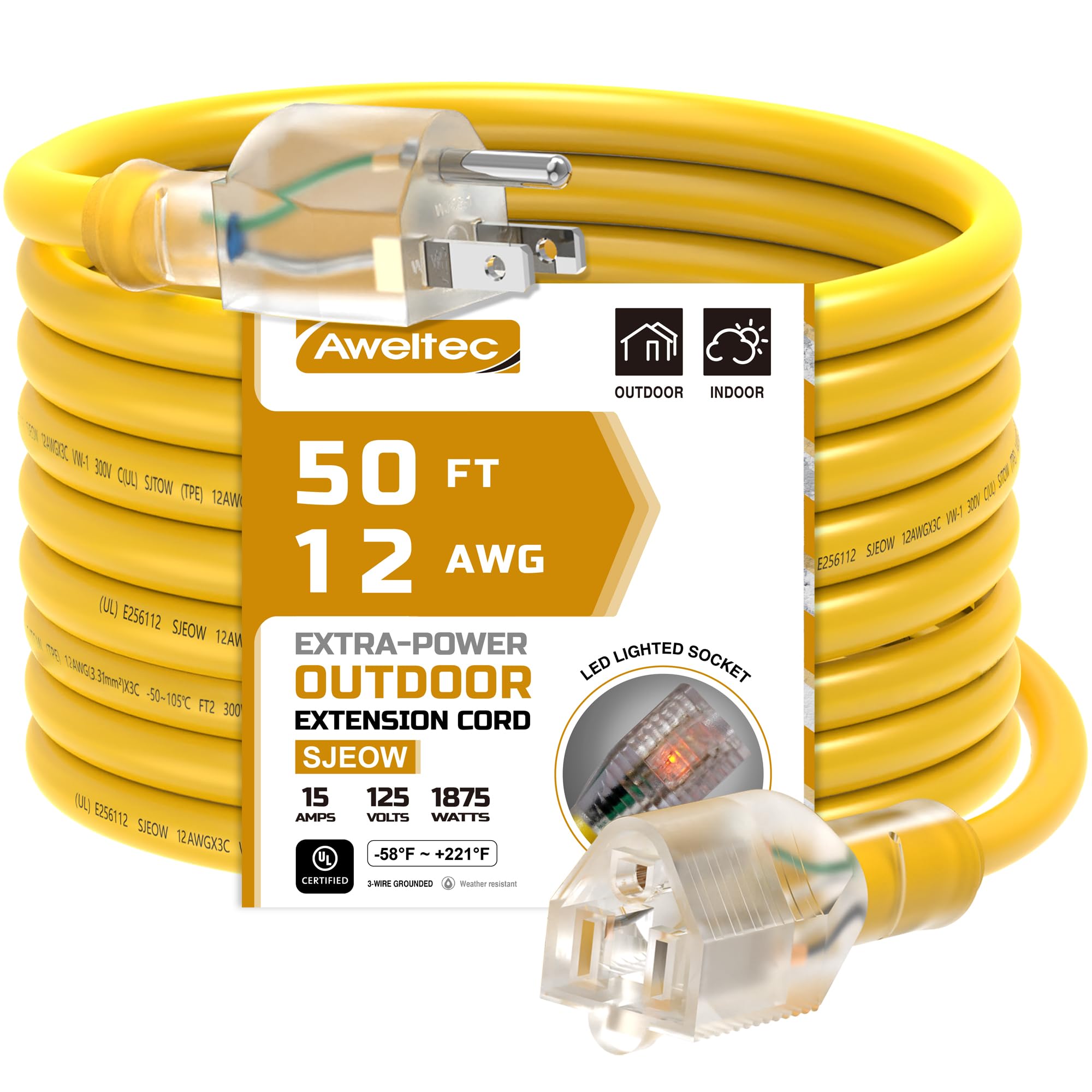 Aweltec Outdoor 12/3 Extension Cord 12Awg 50Ft 15Amp 1875Watts, Tpe Rubber Sjeow ( 58F To +221F) Lighted Power Cord, Yellow, Ul