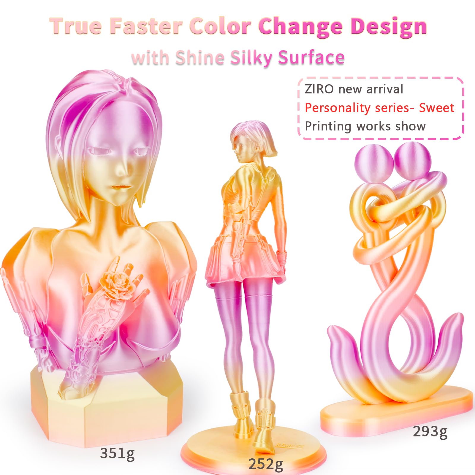 Ziro Pla Filament 1.75Mm, Shine Silky Multicolors 3D Printer Filament, Color Gradient Change Pla, Faster Color Change By Length,