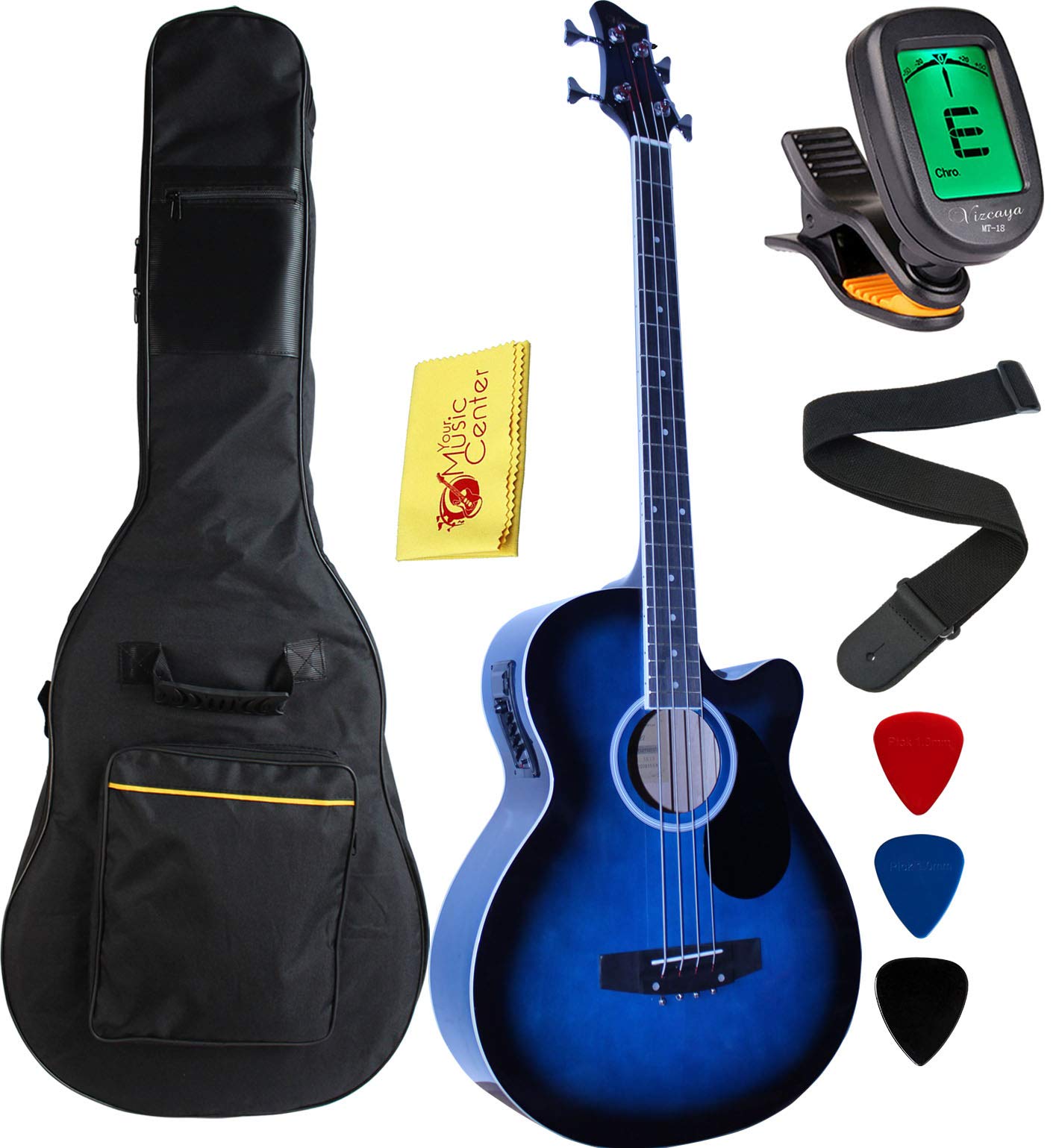 Vizcaya Full Size 4 Strings Cutaway Acoustic Electric Bass Guitar With 4 Band Equalizer,5Mm Padding Gig Bag,Strap, Picks Blue